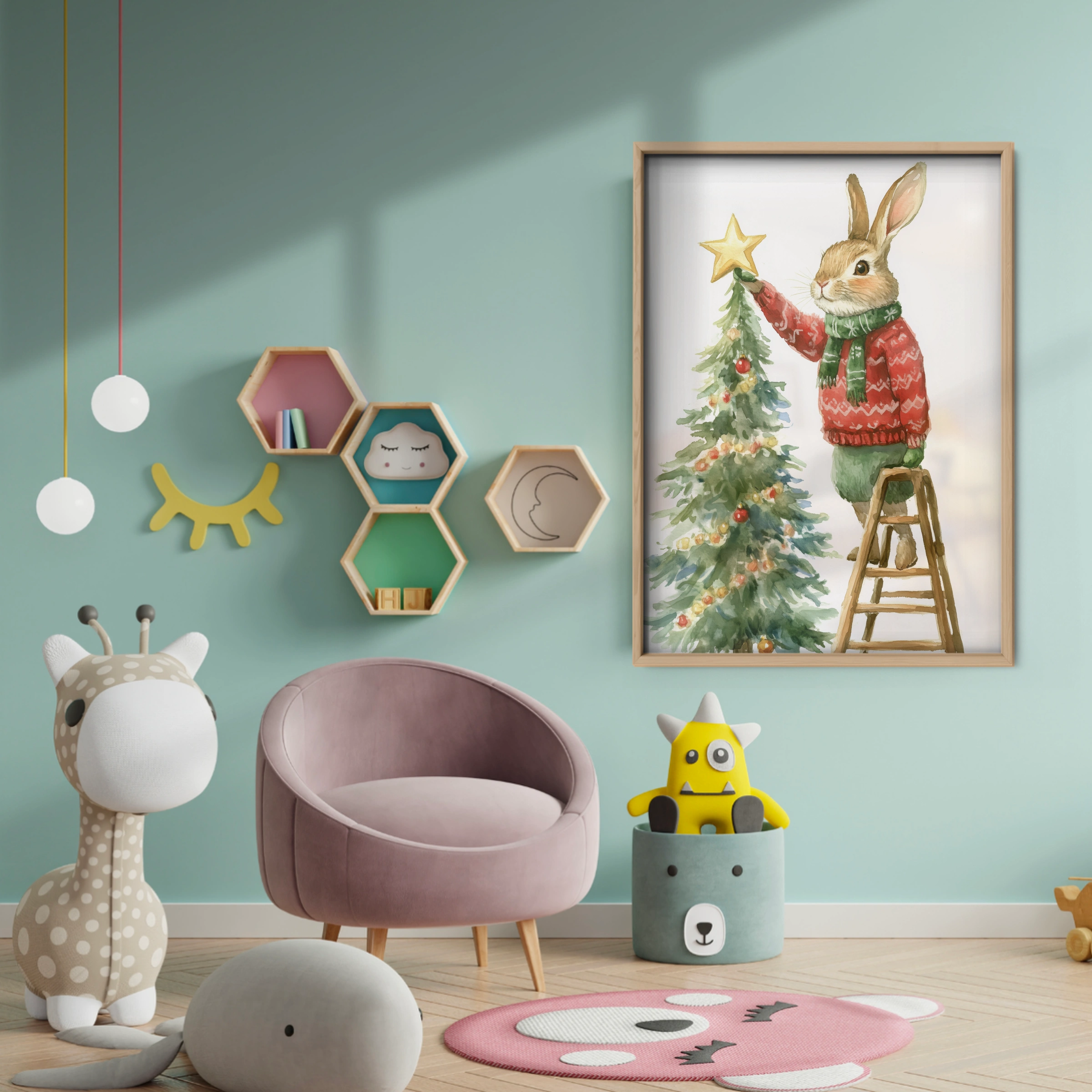 Rabbit Decorating the Tree Christmas Print - baby room wall decor print