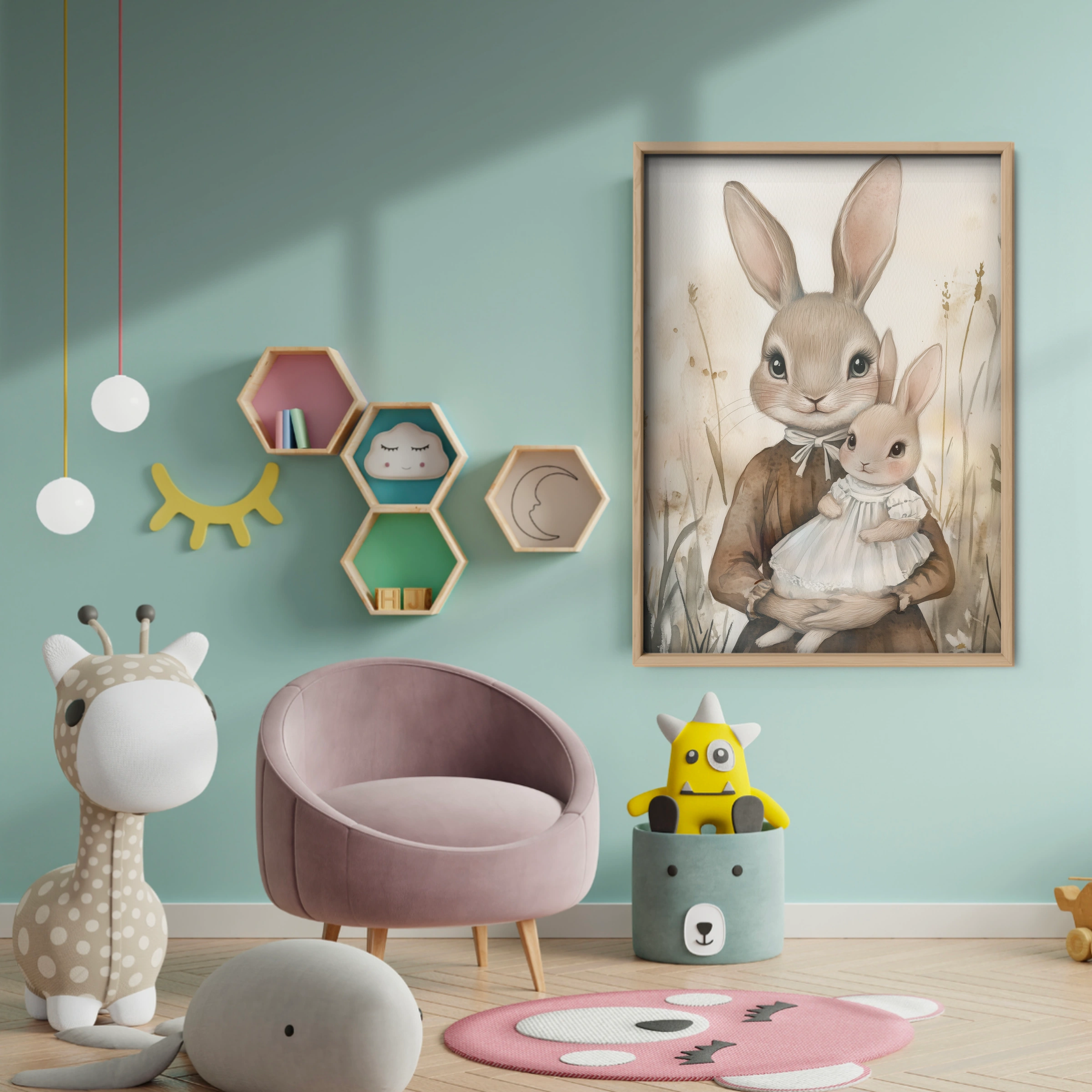 Rabbit Holding Baby Nursery Print - baby room wall decor print