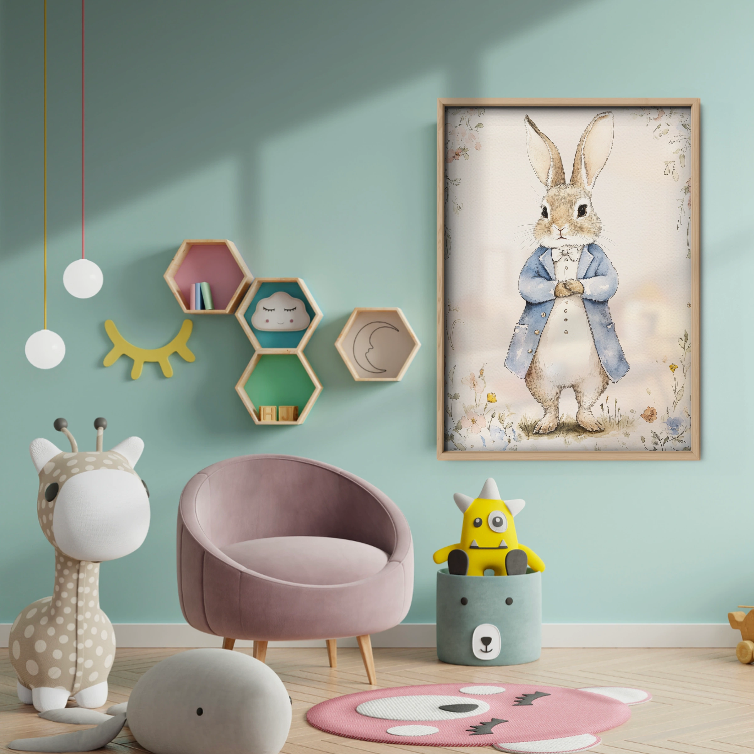 Rabbit in a Blue Coat Nursery Print - baby room wall decor print