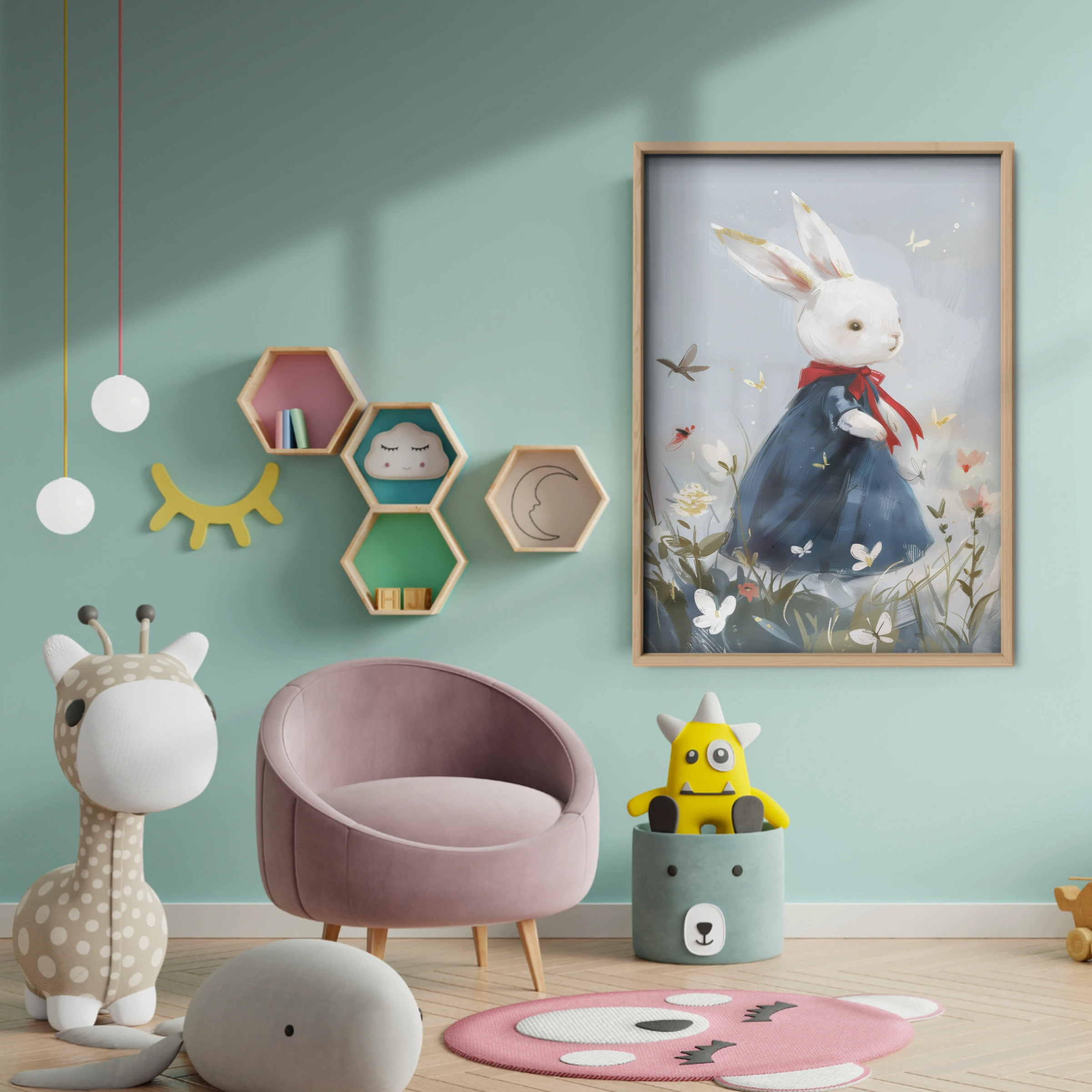 Rabbit in a Blue Dress Nursery Print - baby room wall decor print