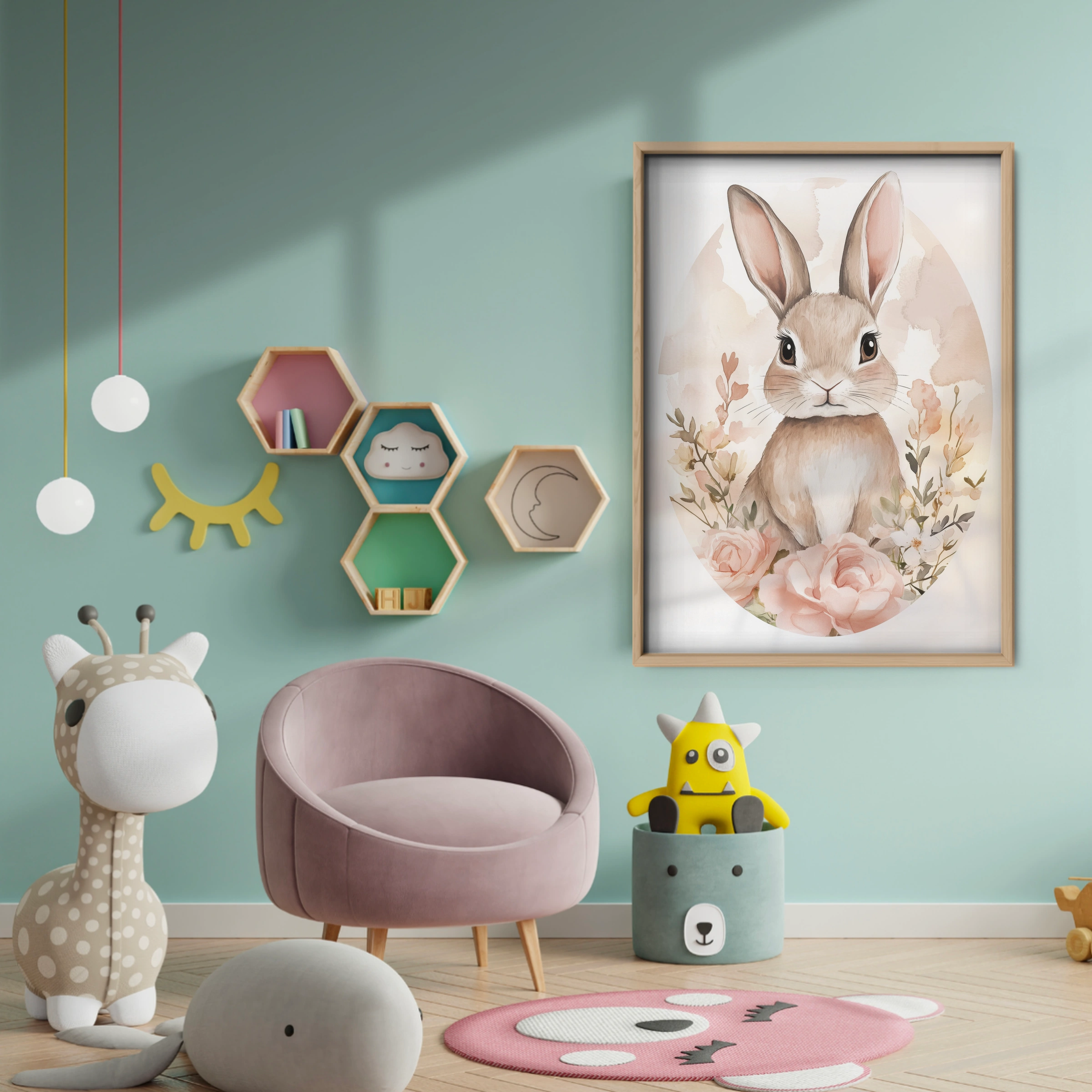 Rabbit in a Rose Frame Nursery Print - baby room wall decor print