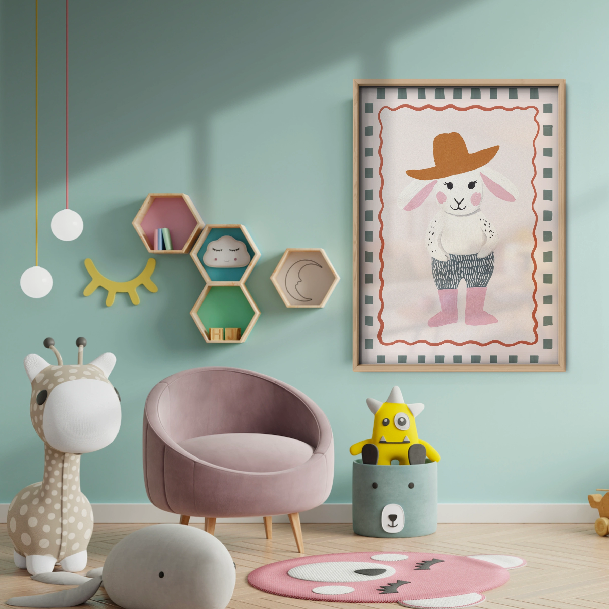 Rabbit in a Sunhat Nursery Print - baby room wall decor print