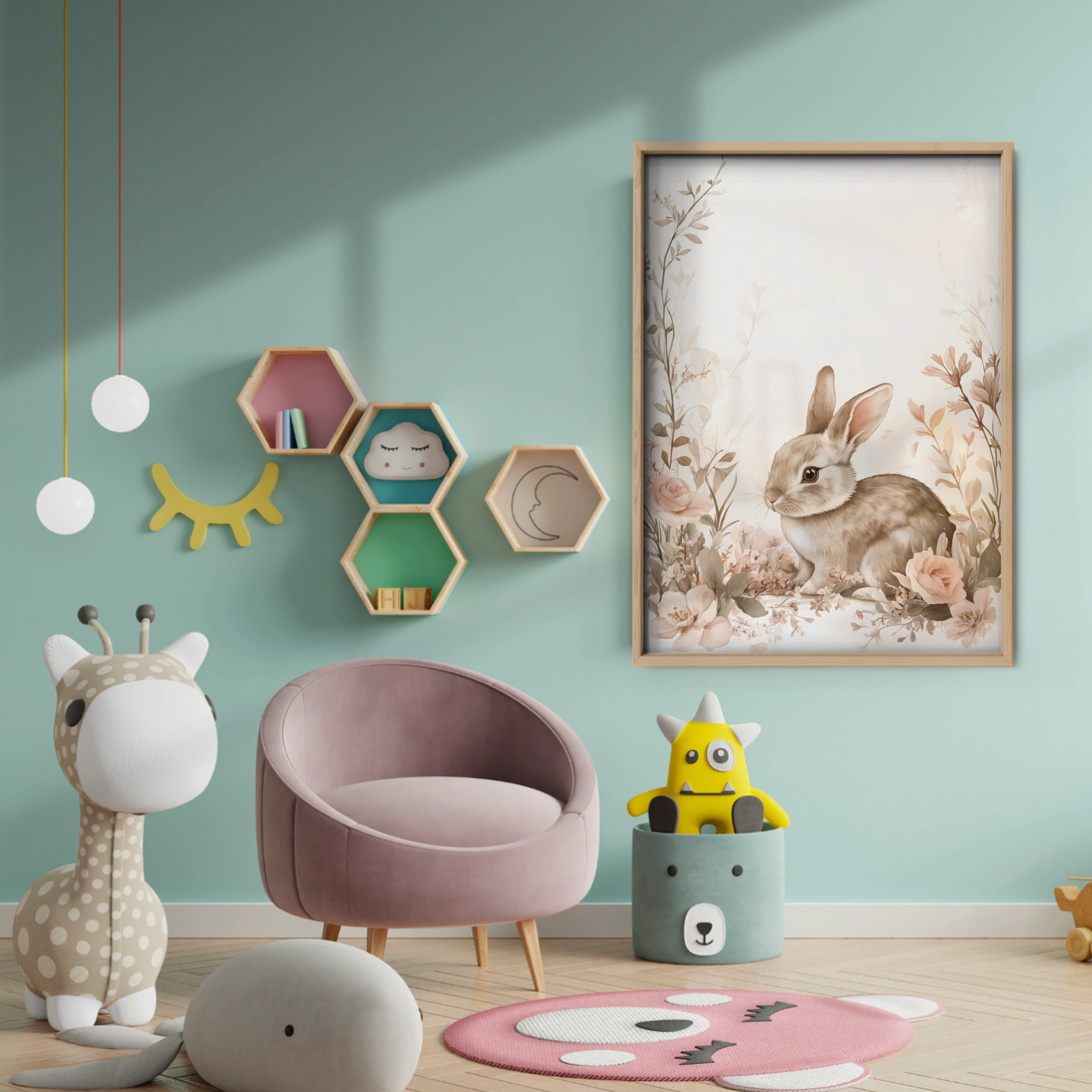 Rabbit in Roses Nursery Print - baby room wall decor print