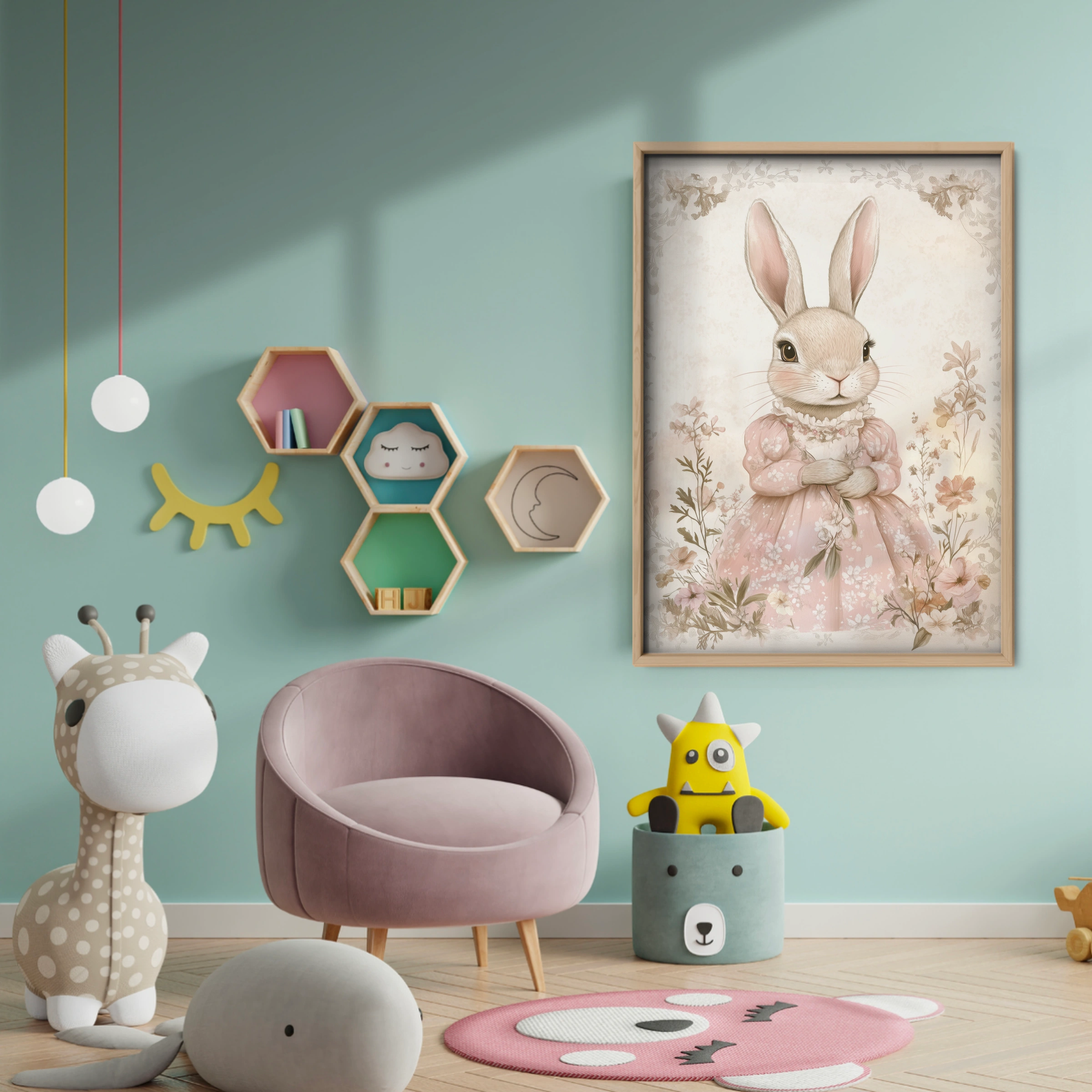 Rabbit Lady in Pink Nursery Print - baby room wall decor print
