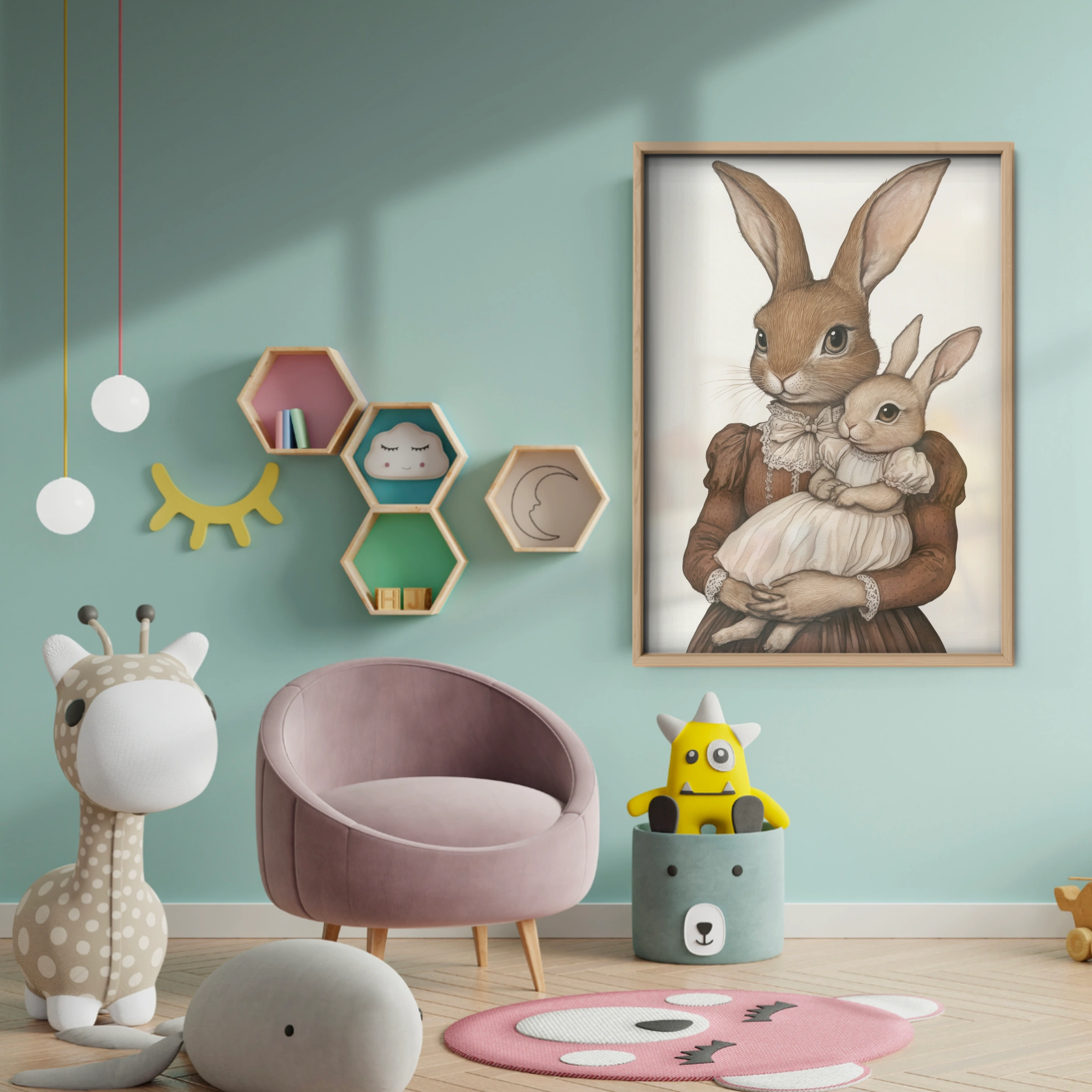 Rabbit Mother and Baby Nursery Print - baby room wall decor print