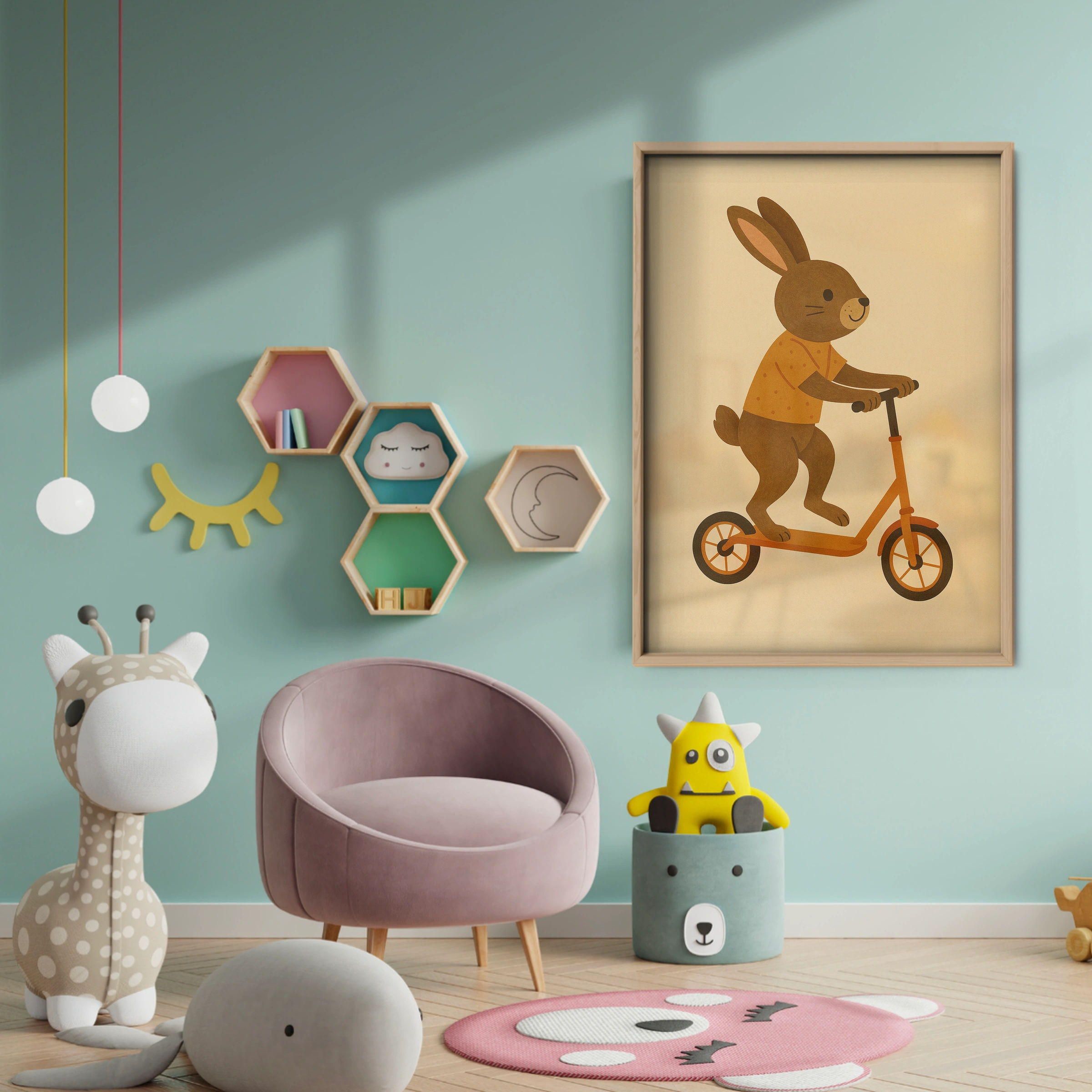 Rabbit on a Scooter Nursery Print - baby room wall decor print