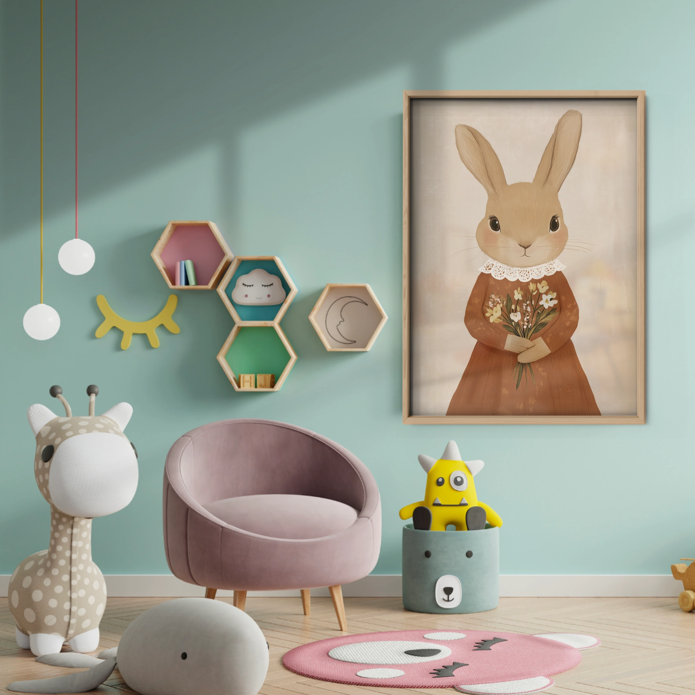 Rabbit with Flowers Nursery Print - baby room wall decor print