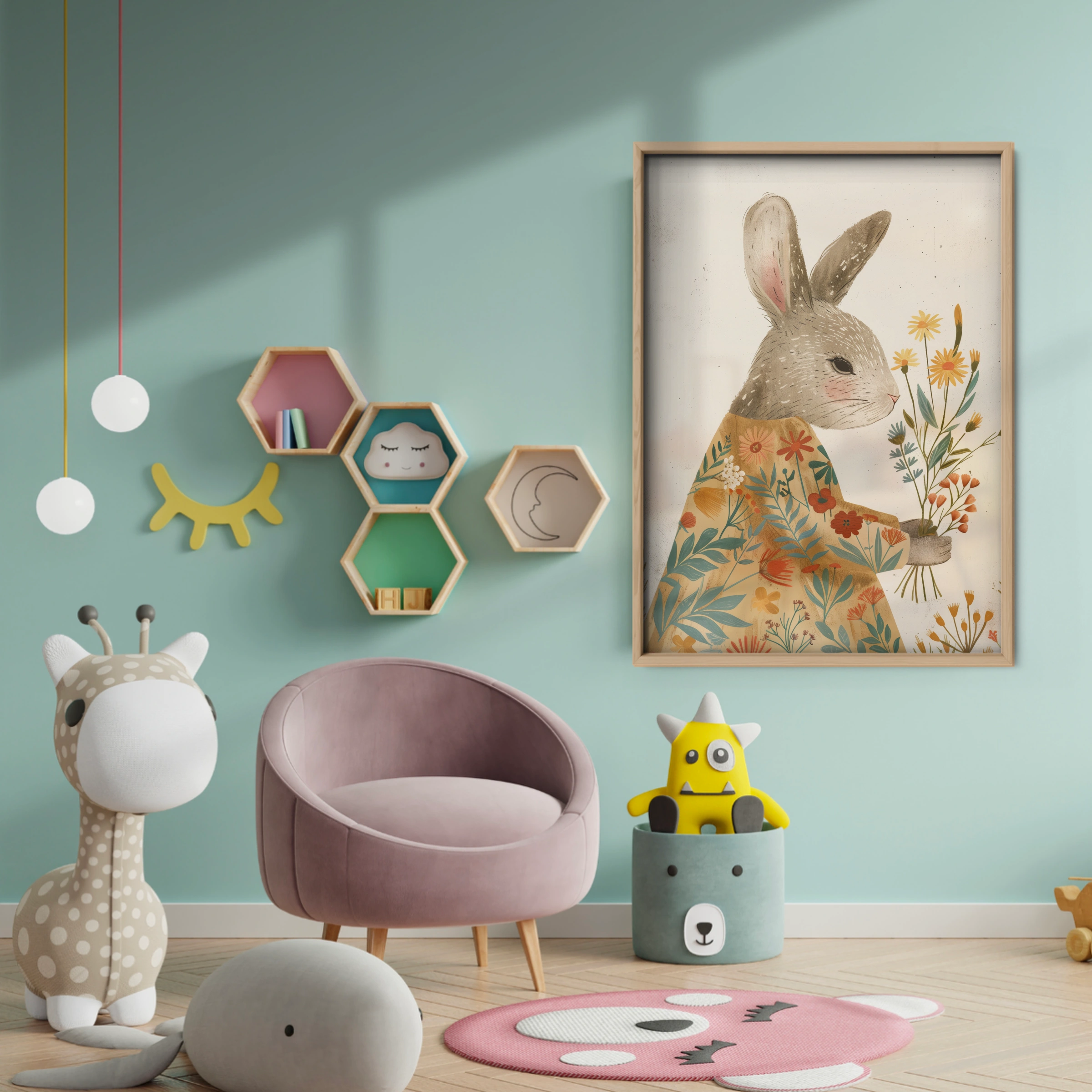 Rabbit with Wildflowers Nursery Print - baby room wall decor print