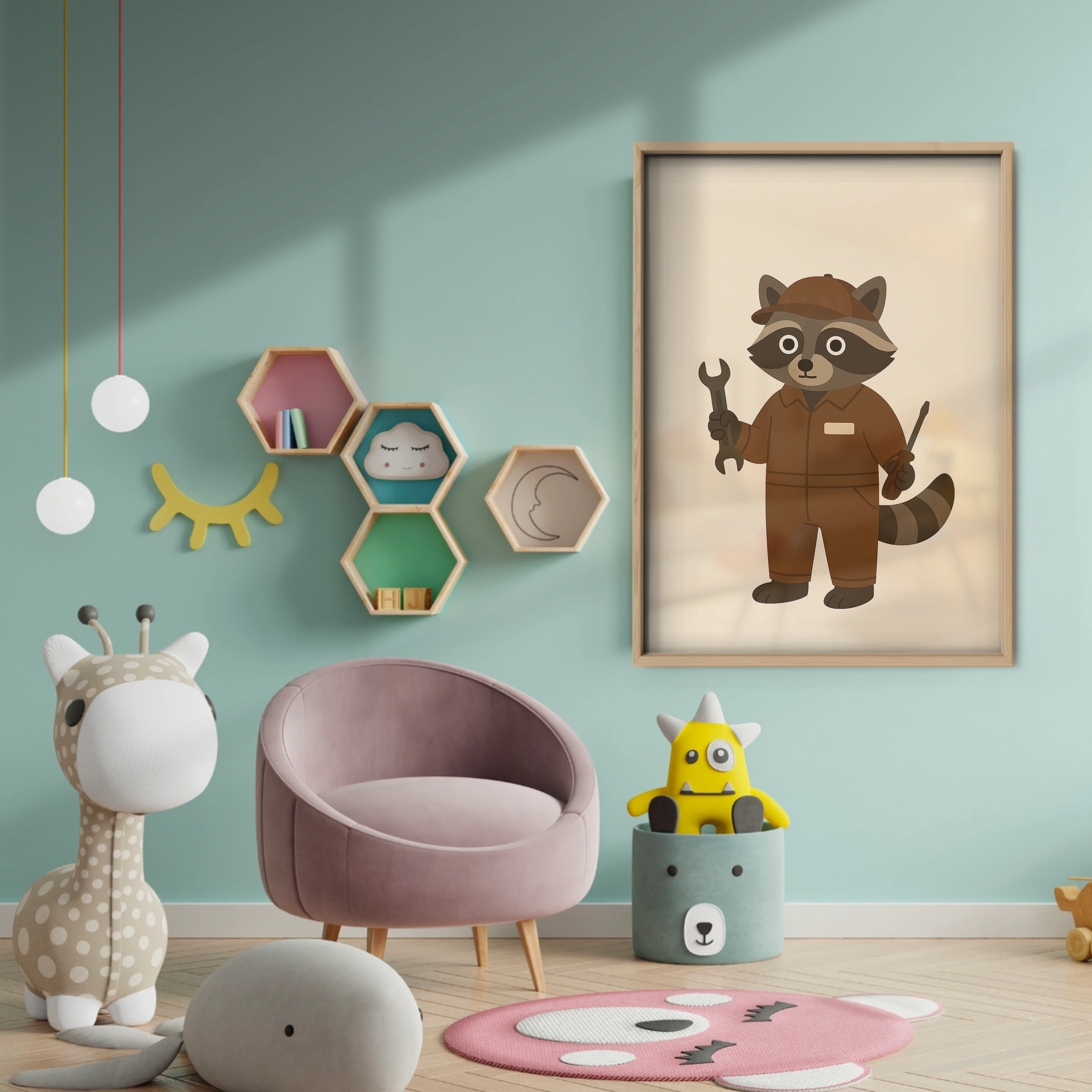 Raccoon at Work Nursery Print - baby room wall decor print