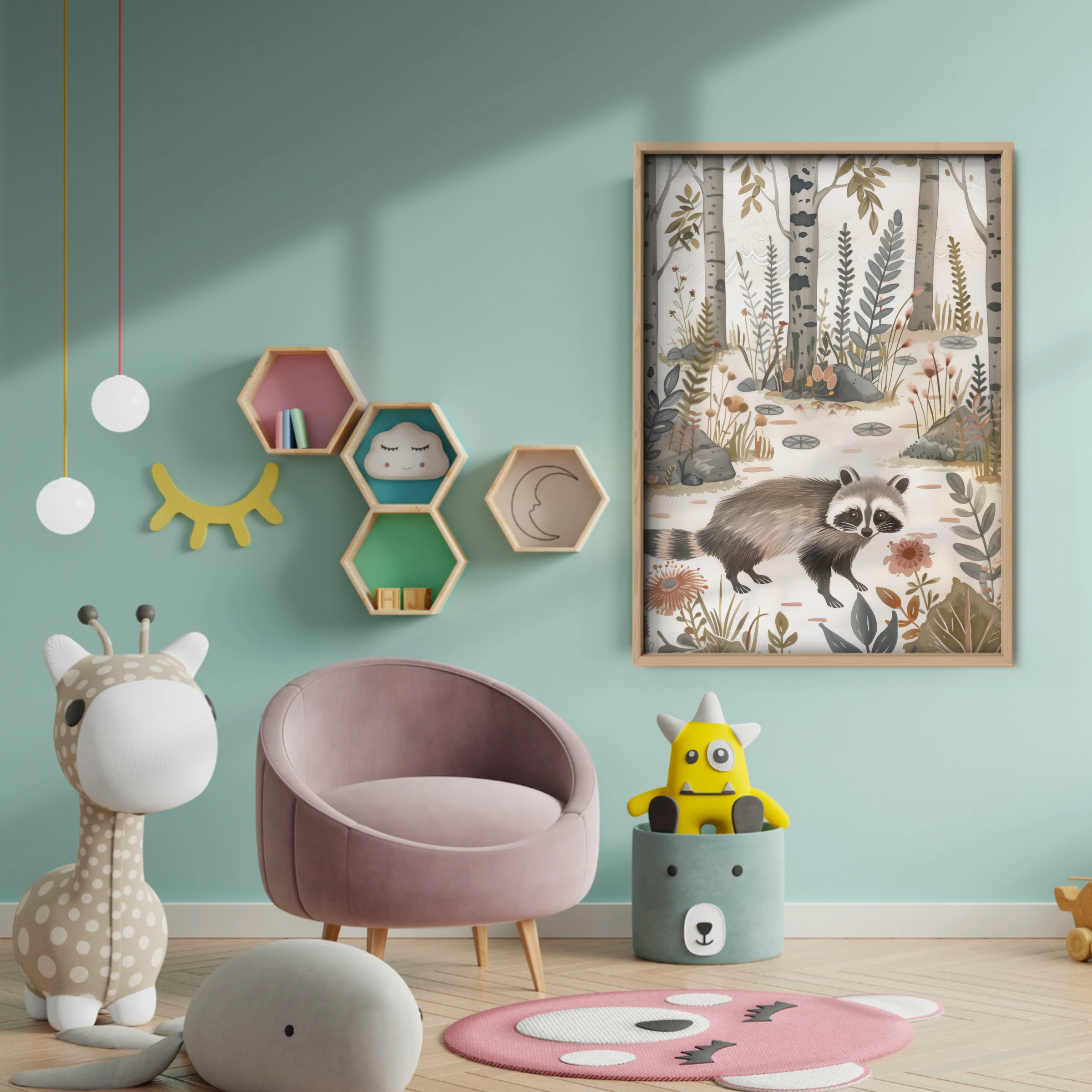 Raccoon in the Forest Nursery Print - baby room wall decor print