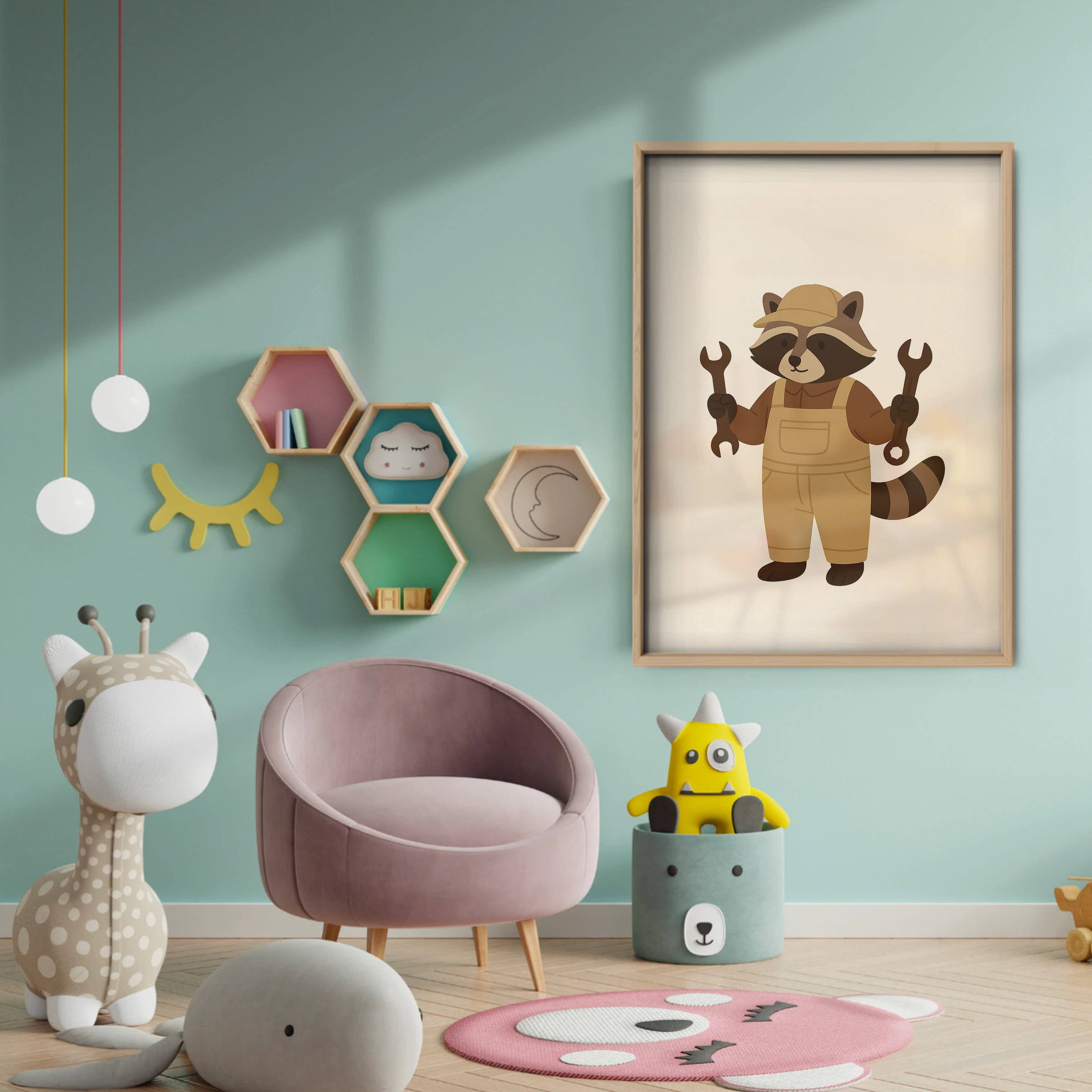 Raccoon Mechanic Nursery Print - baby room wall decor print