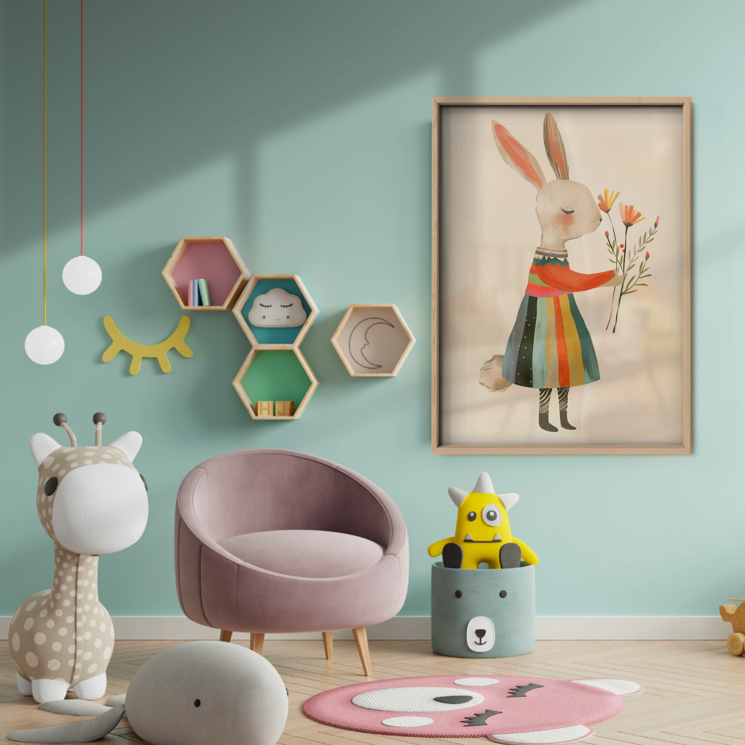 Rainbow Dress Rabbit Nursery Print - baby room wall decor print