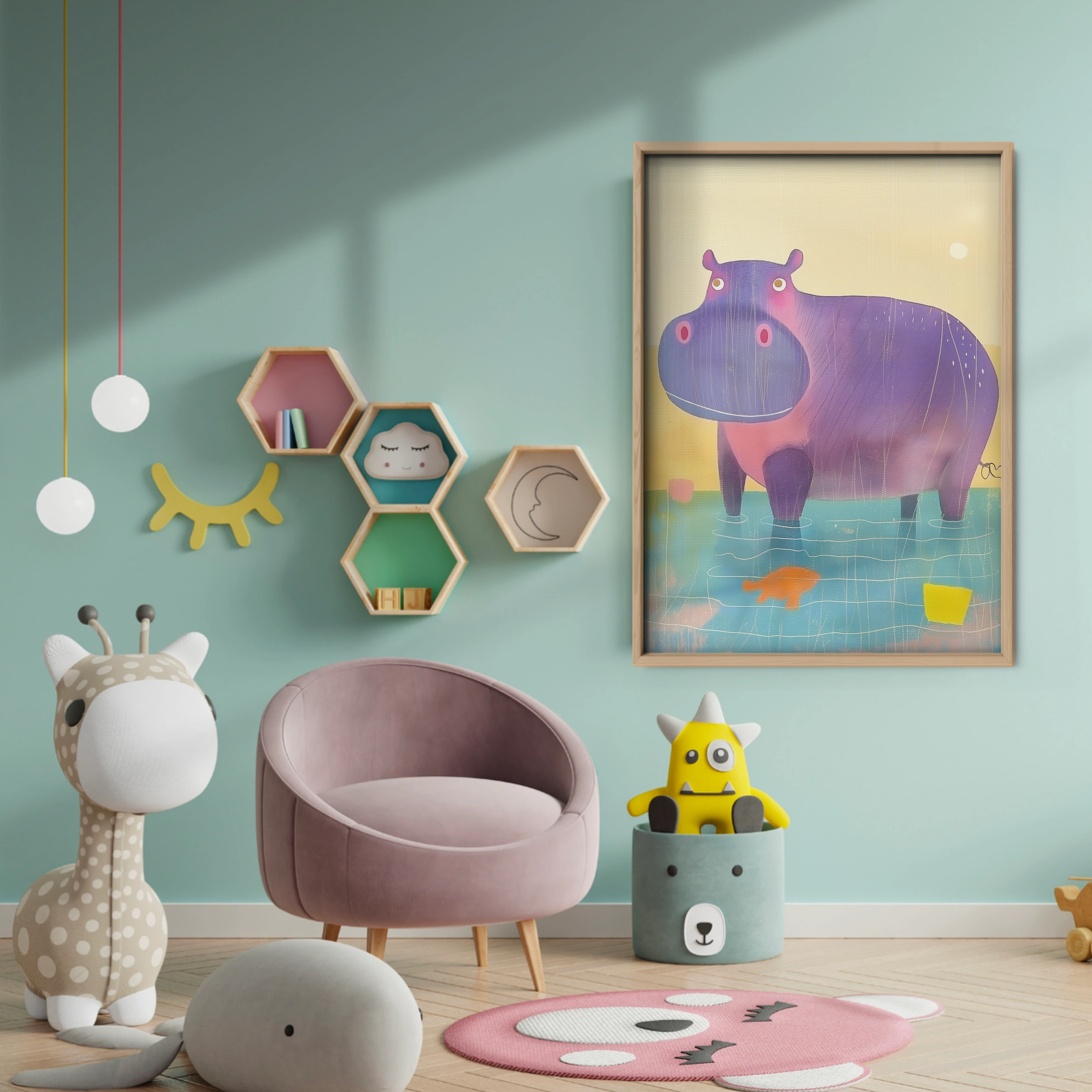 Rainbow Hippo Nursery Print - baby room wall decor print