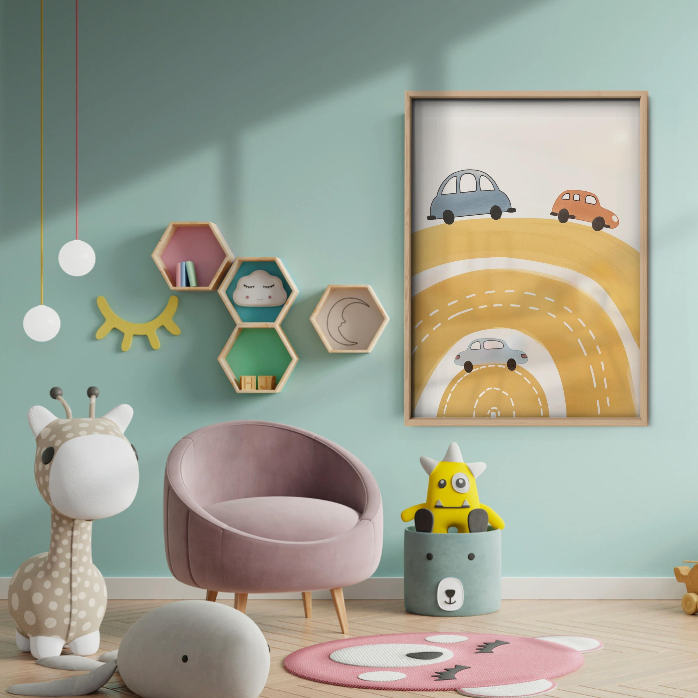 Rainbow Road Cars Nursery Print - baby room wall decor print