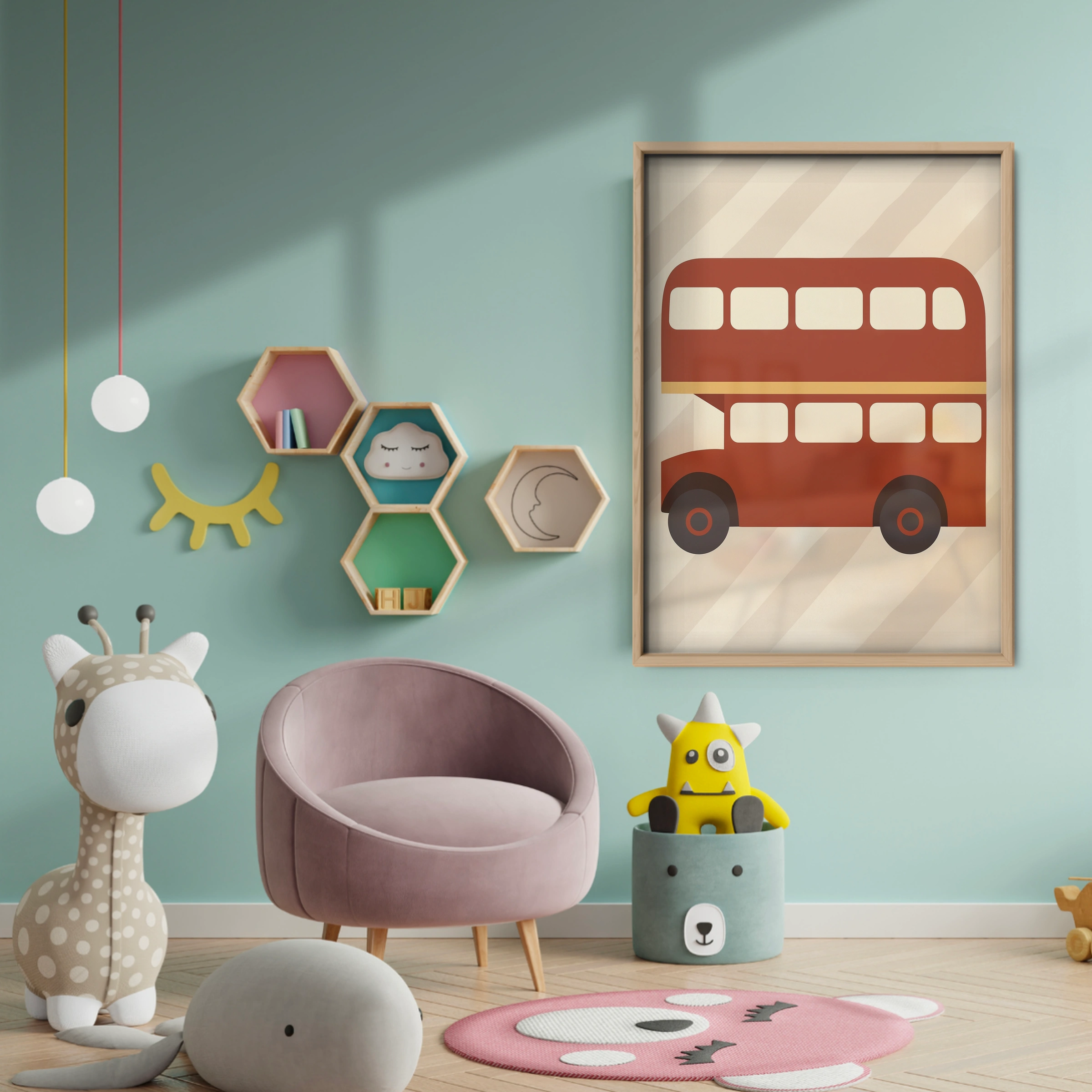Red Double Decker Bus Nursery Print - baby room wall decor print