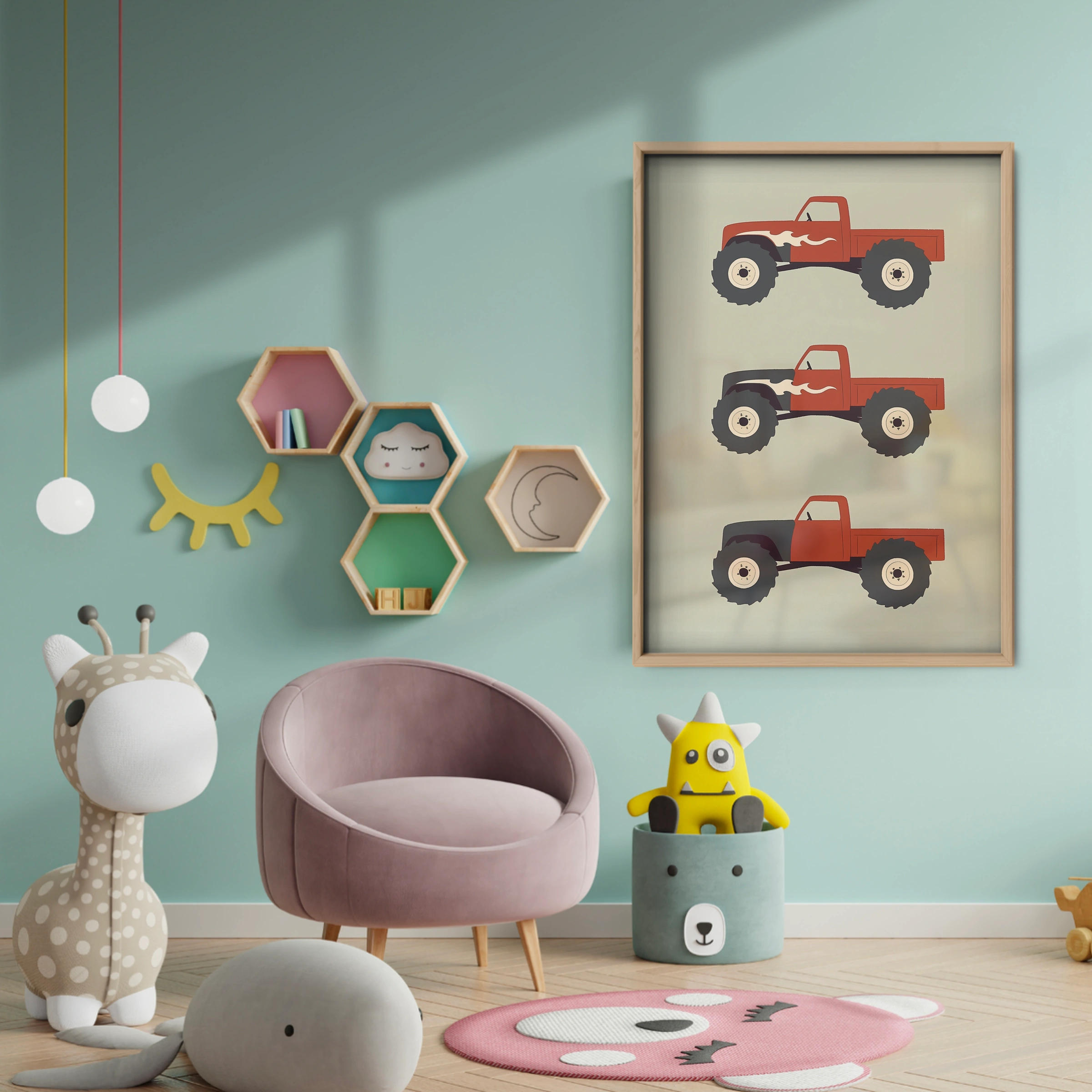 Red Monster Trucks Nursery Print - baby room wall decor print