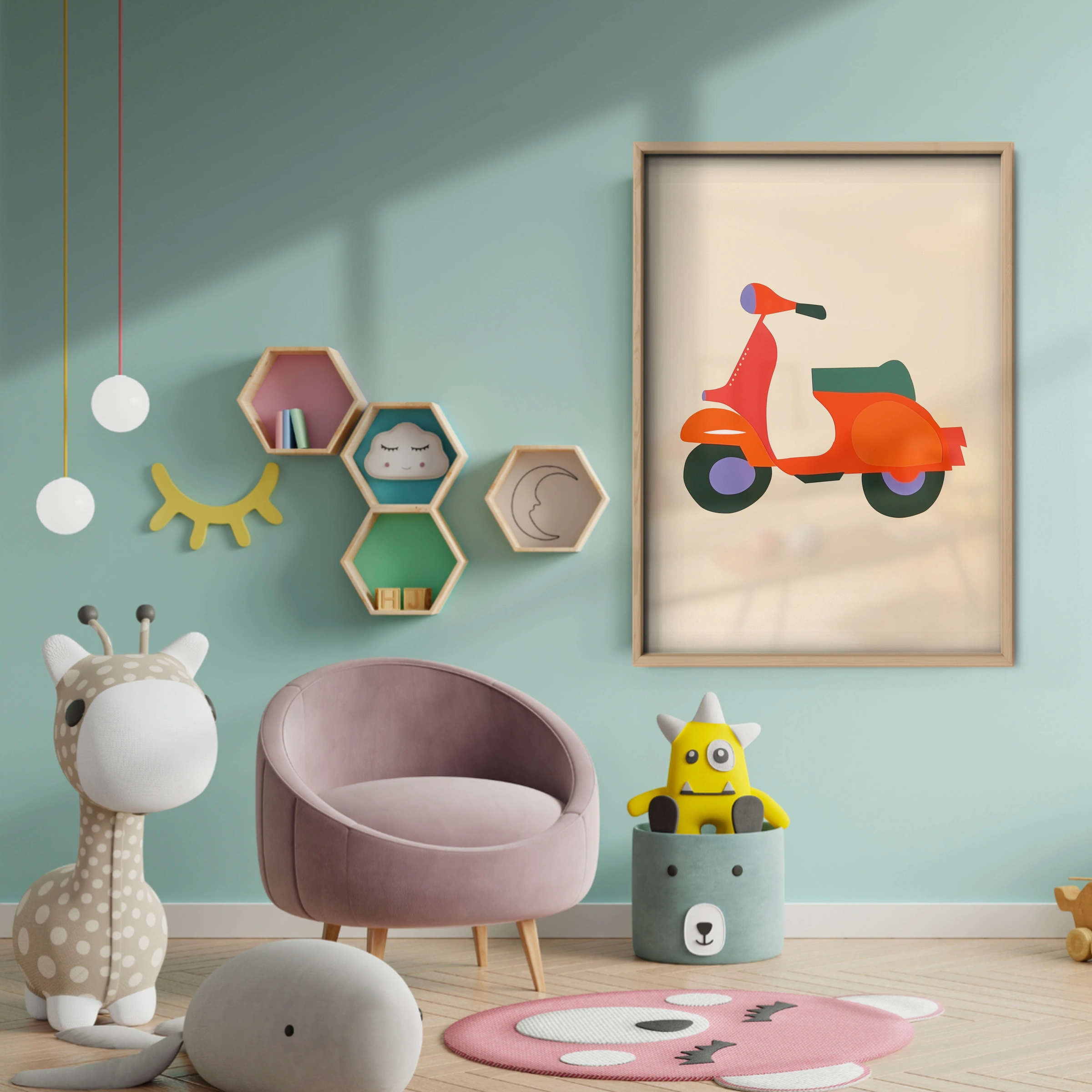 Red Scooter Nursery Print - baby room wall decor print