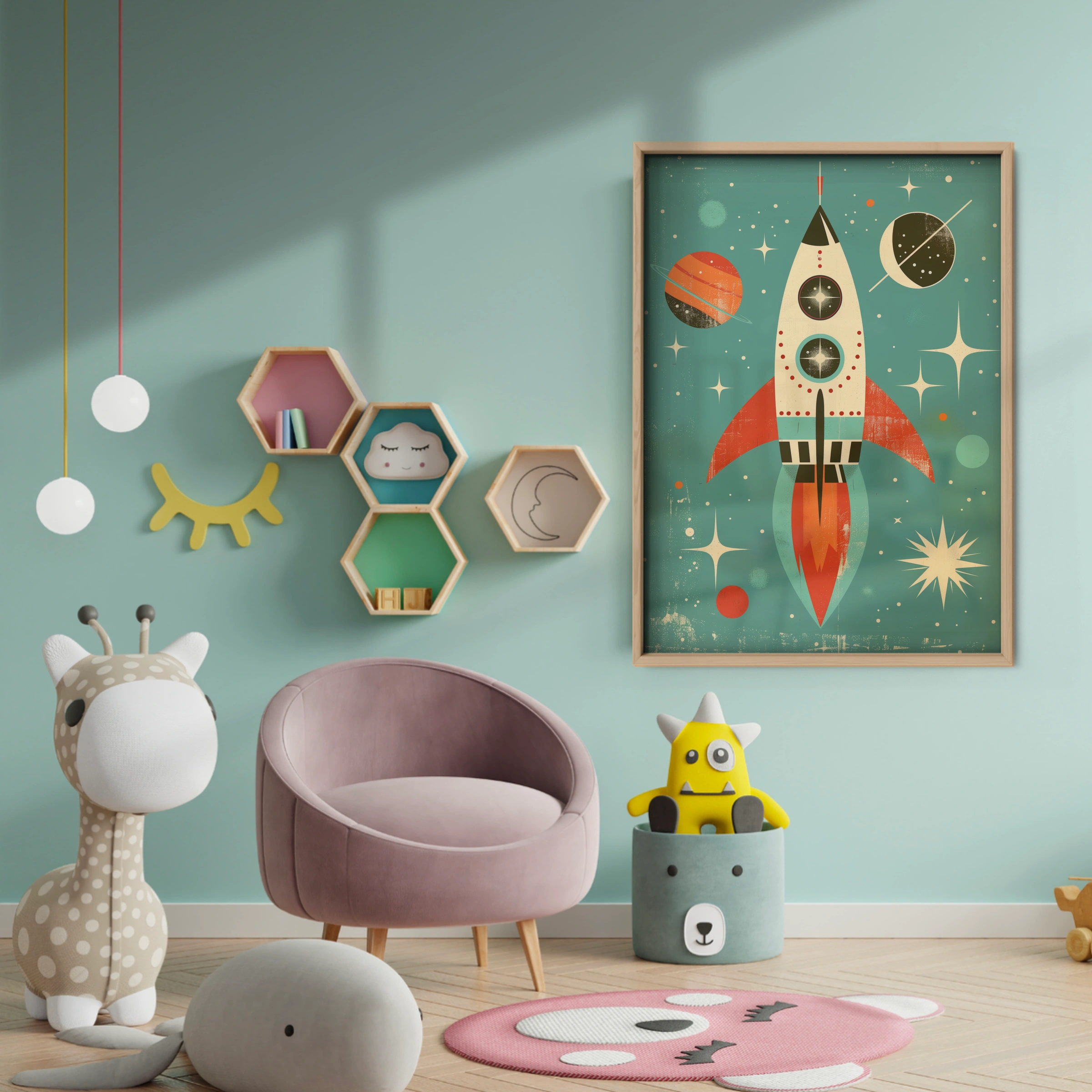 Retro Rocket Nursery Print - baby room wall decor print