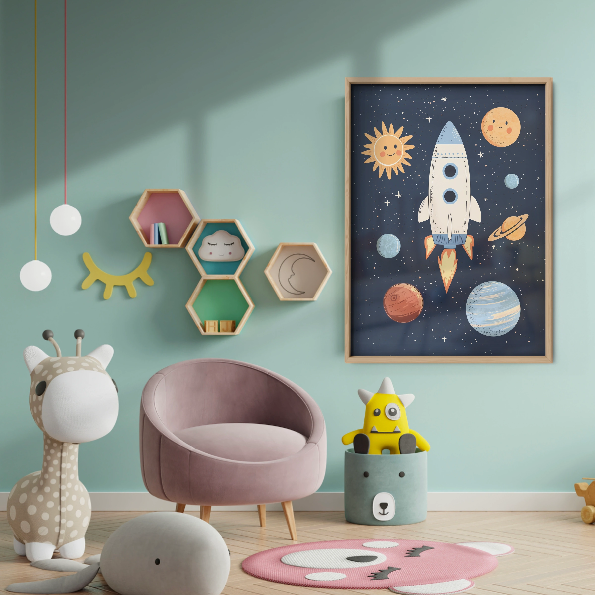 Rocket and Planets Nursery Print - baby room wall decor print