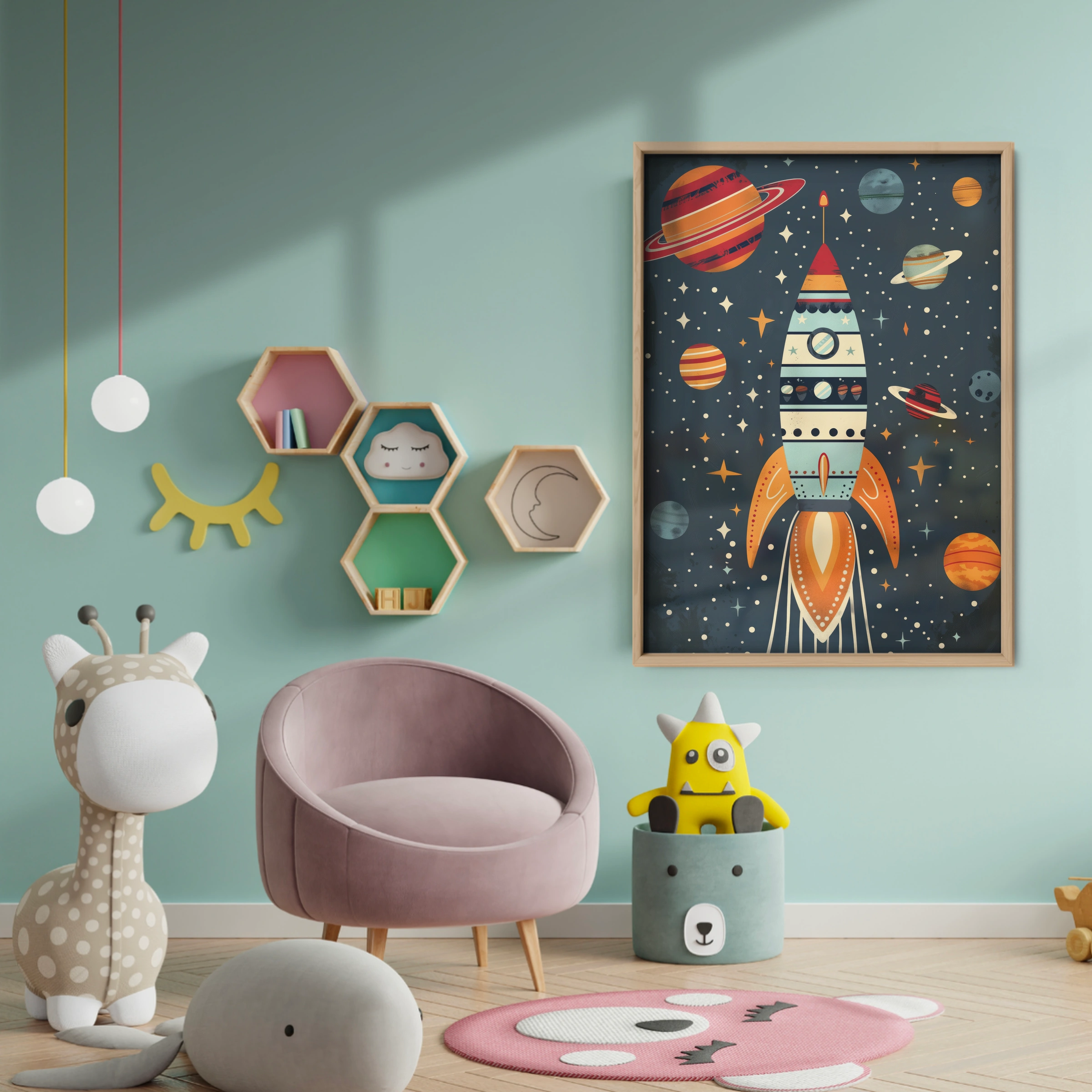 Rocket in Space Nursery Print - baby room wall decor print