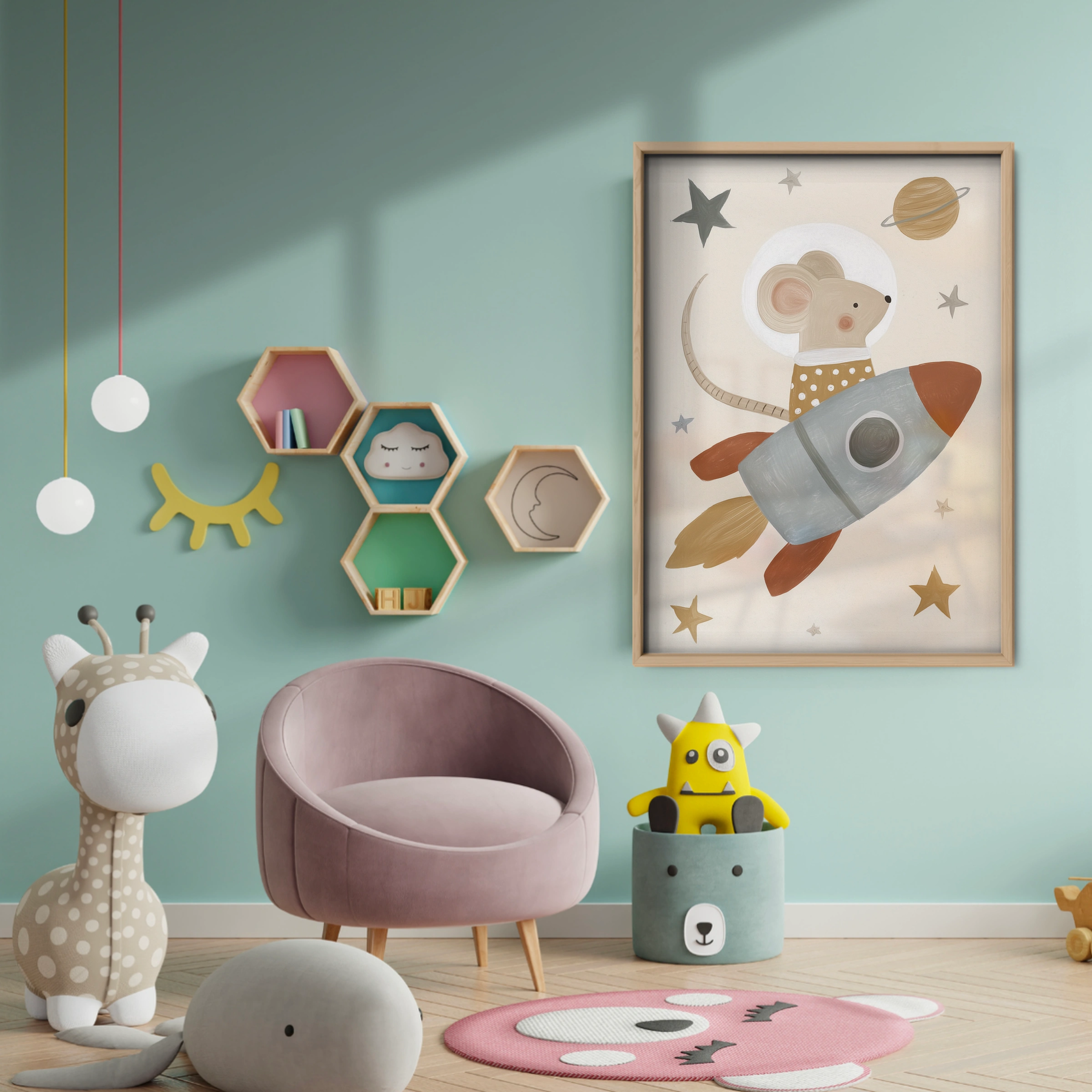 Rocket Mouse Nursery Print - baby room wall decor print
