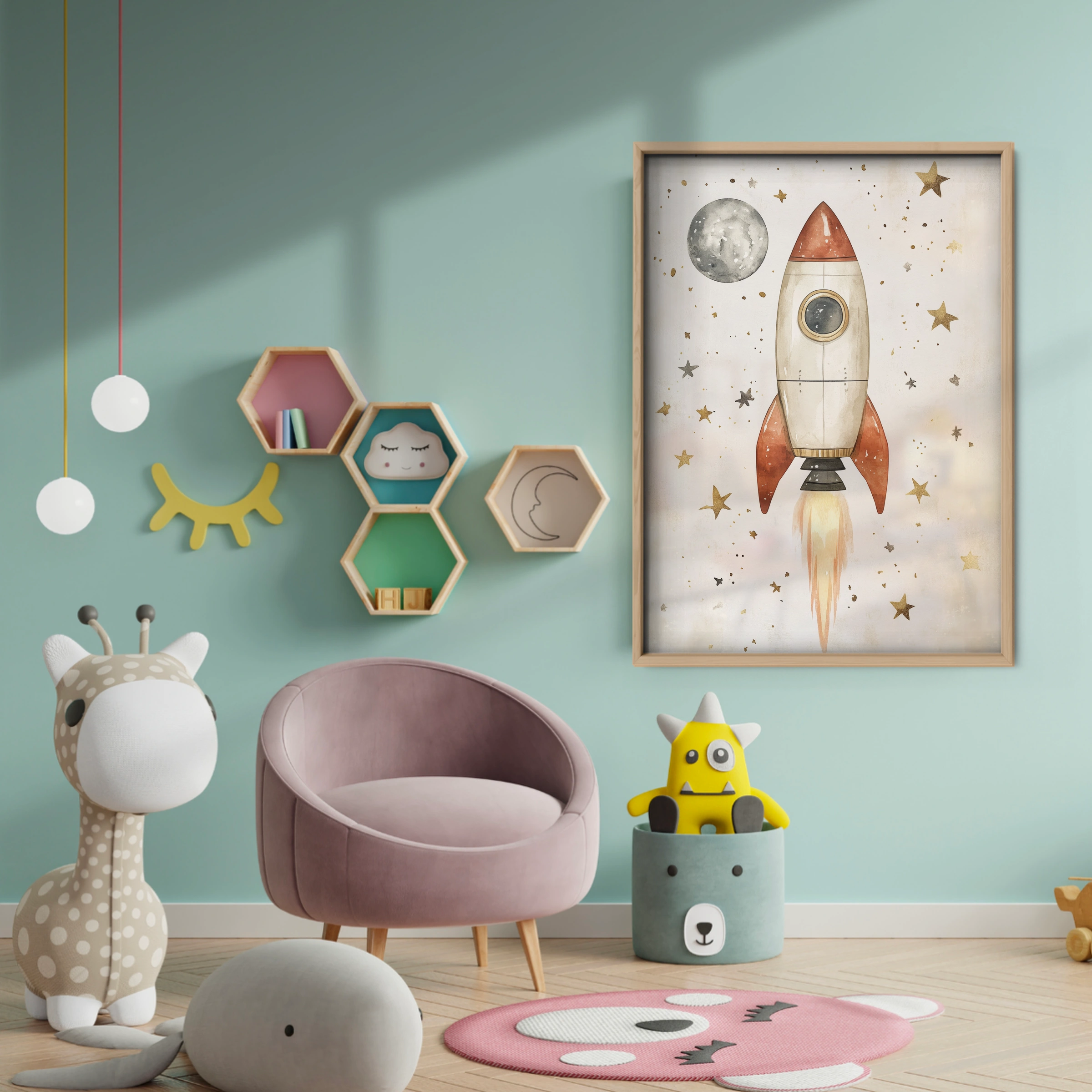 Rocket to the Moon Nursery Print - baby room wall decor print