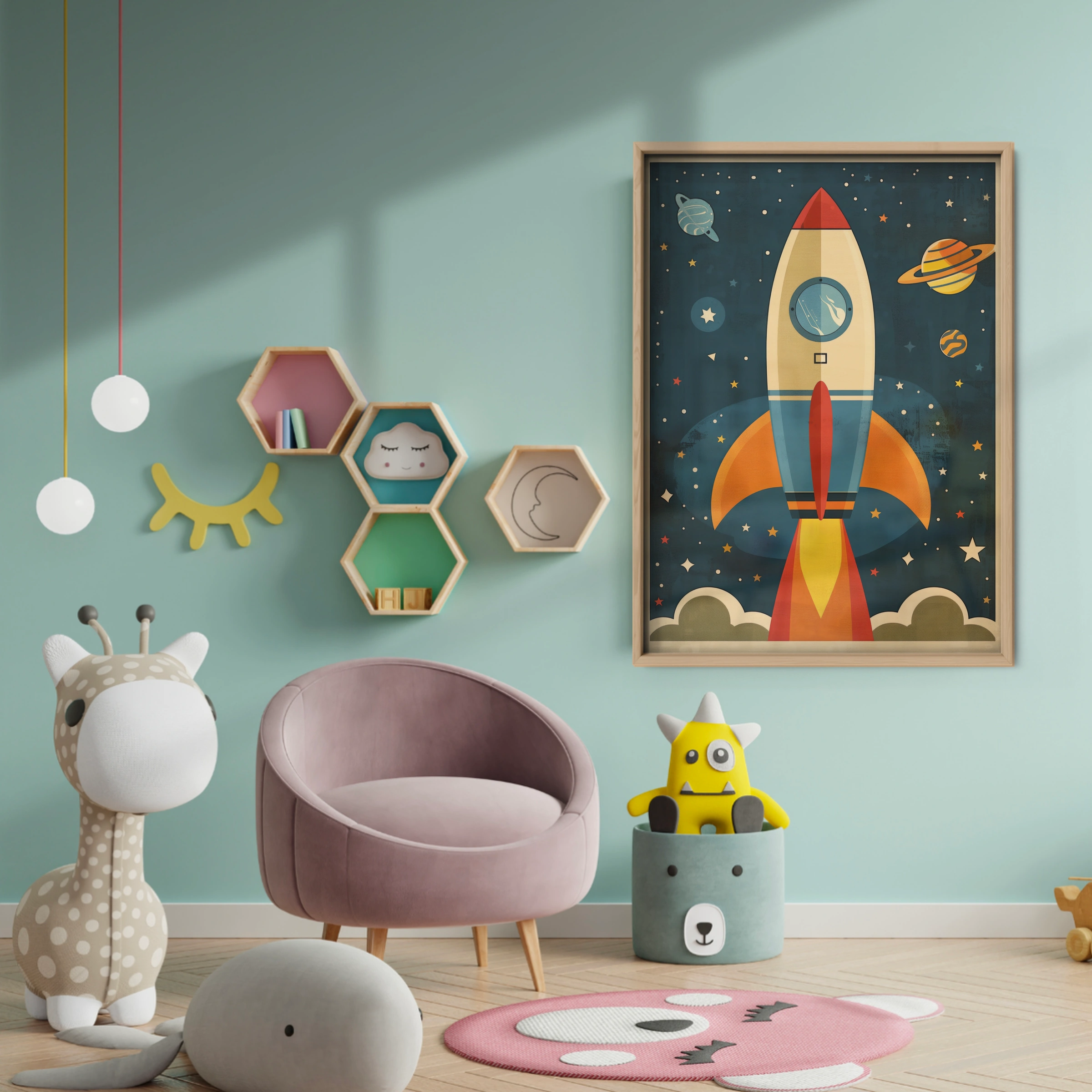 Rocket to the Stars Nursery Print - baby room wall decor print
