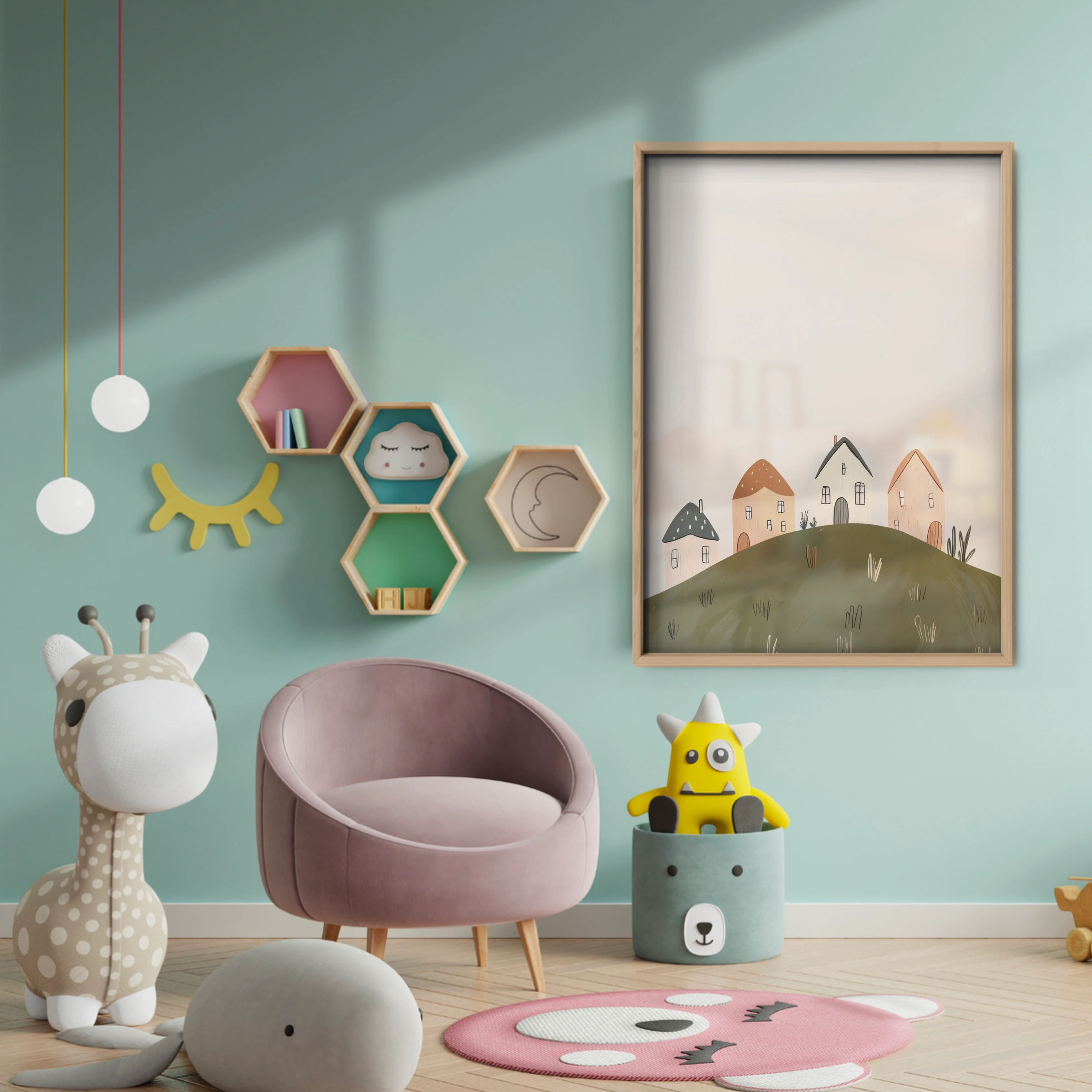 Rolling Hills Village Nursery Print - baby room wall decor print