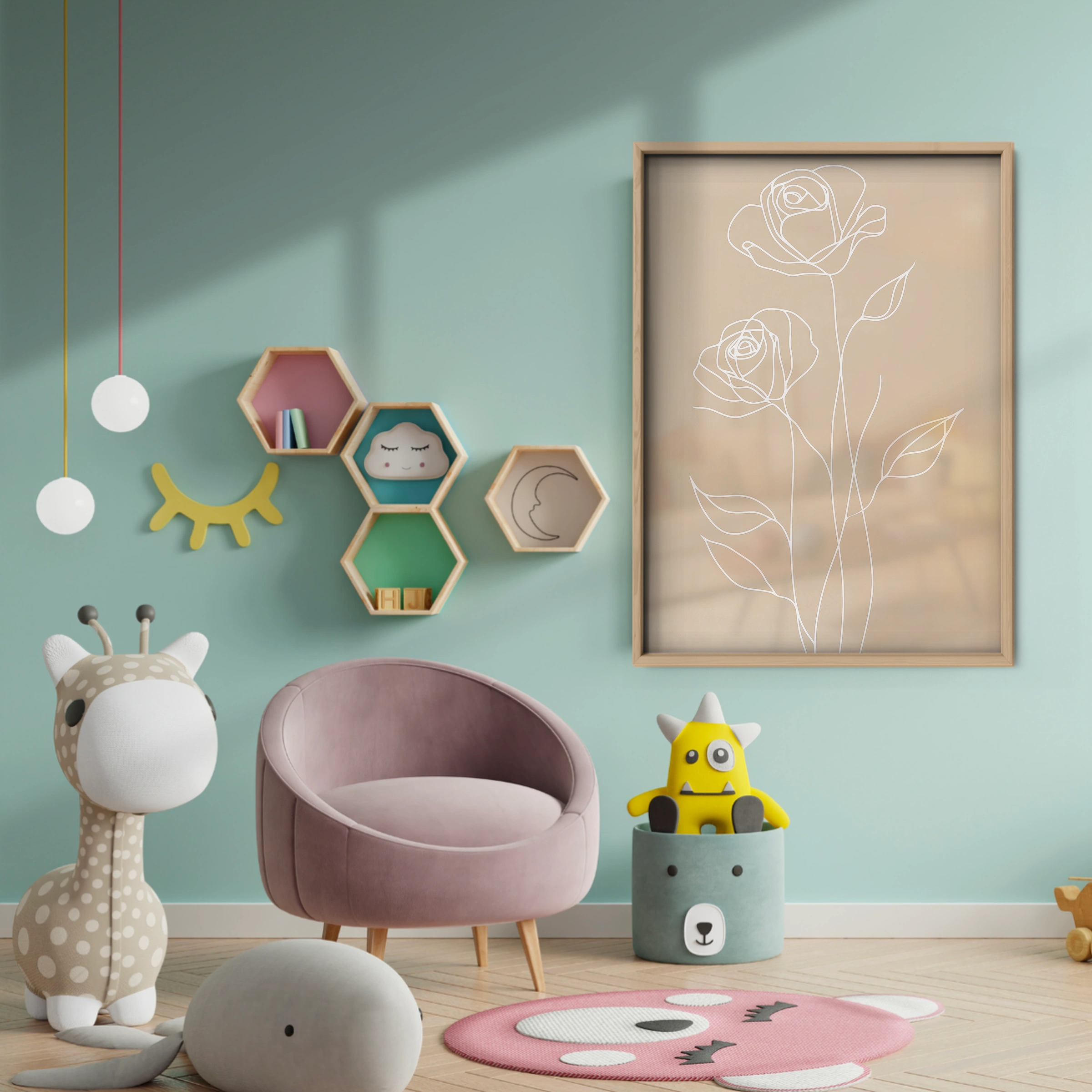 Roses Line Art Nursery Print - baby room wall decor print
