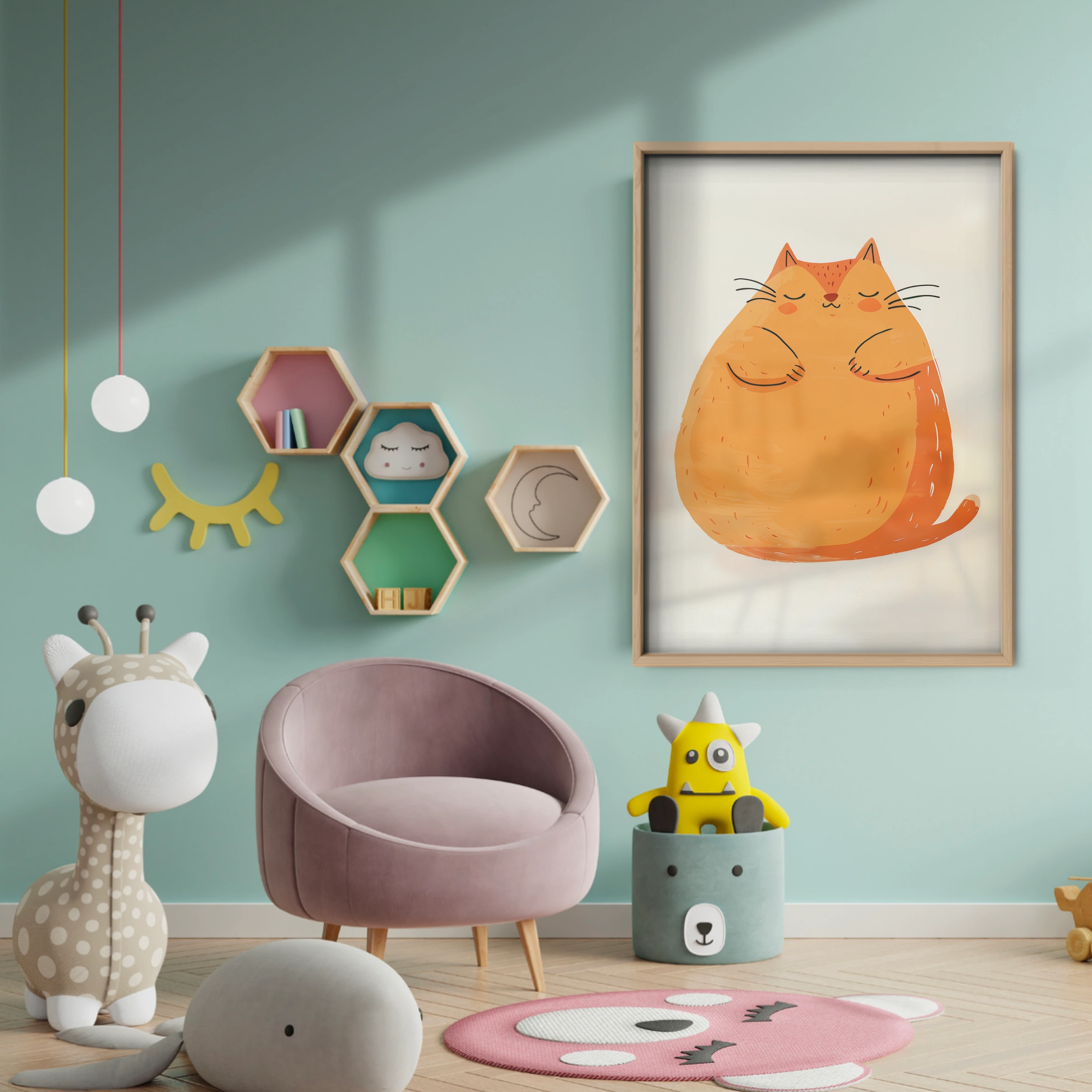 Round Orange Cat Nursery Print - baby room wall decor print