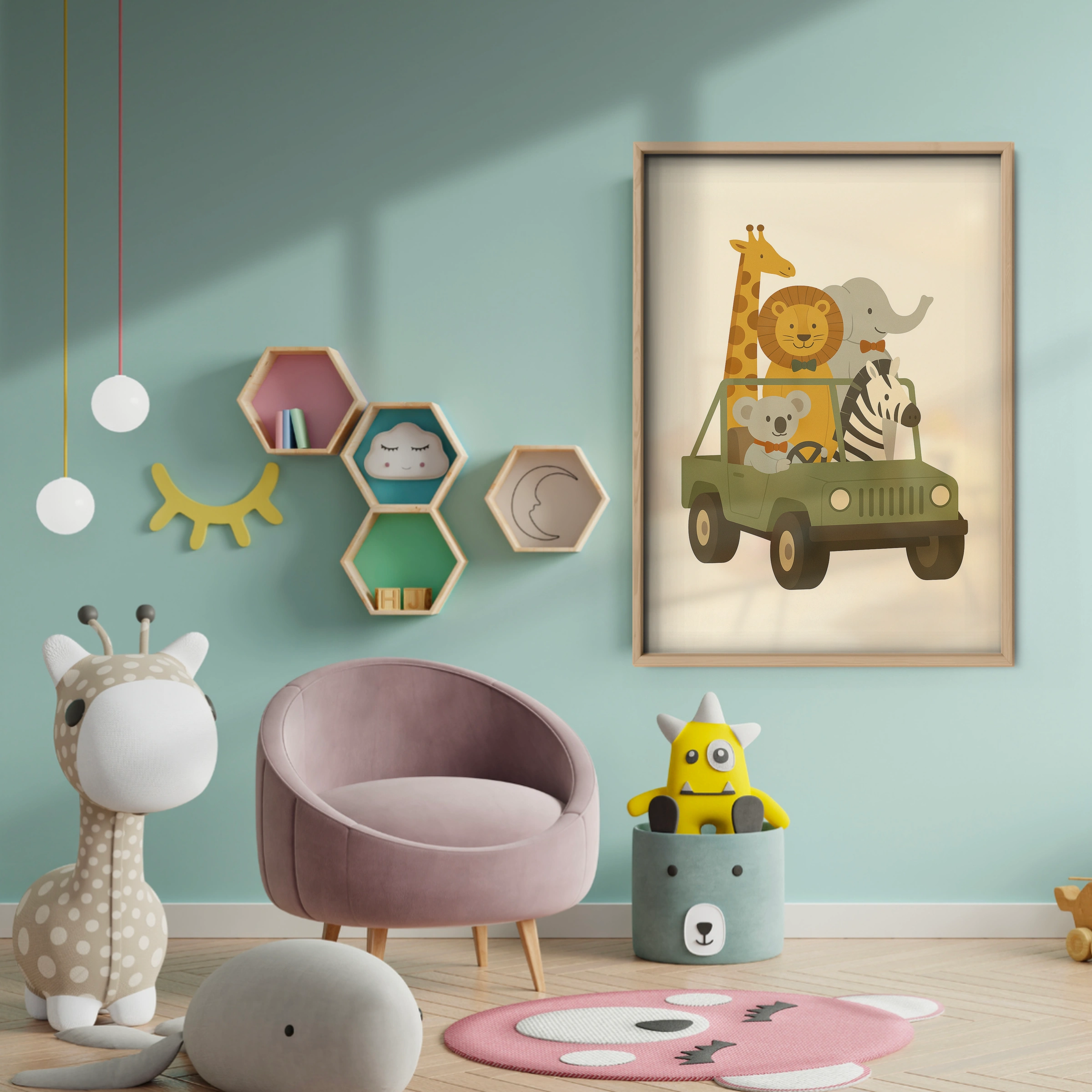 Safari Animals in a Jeep Nursery Print - baby room wall decor print