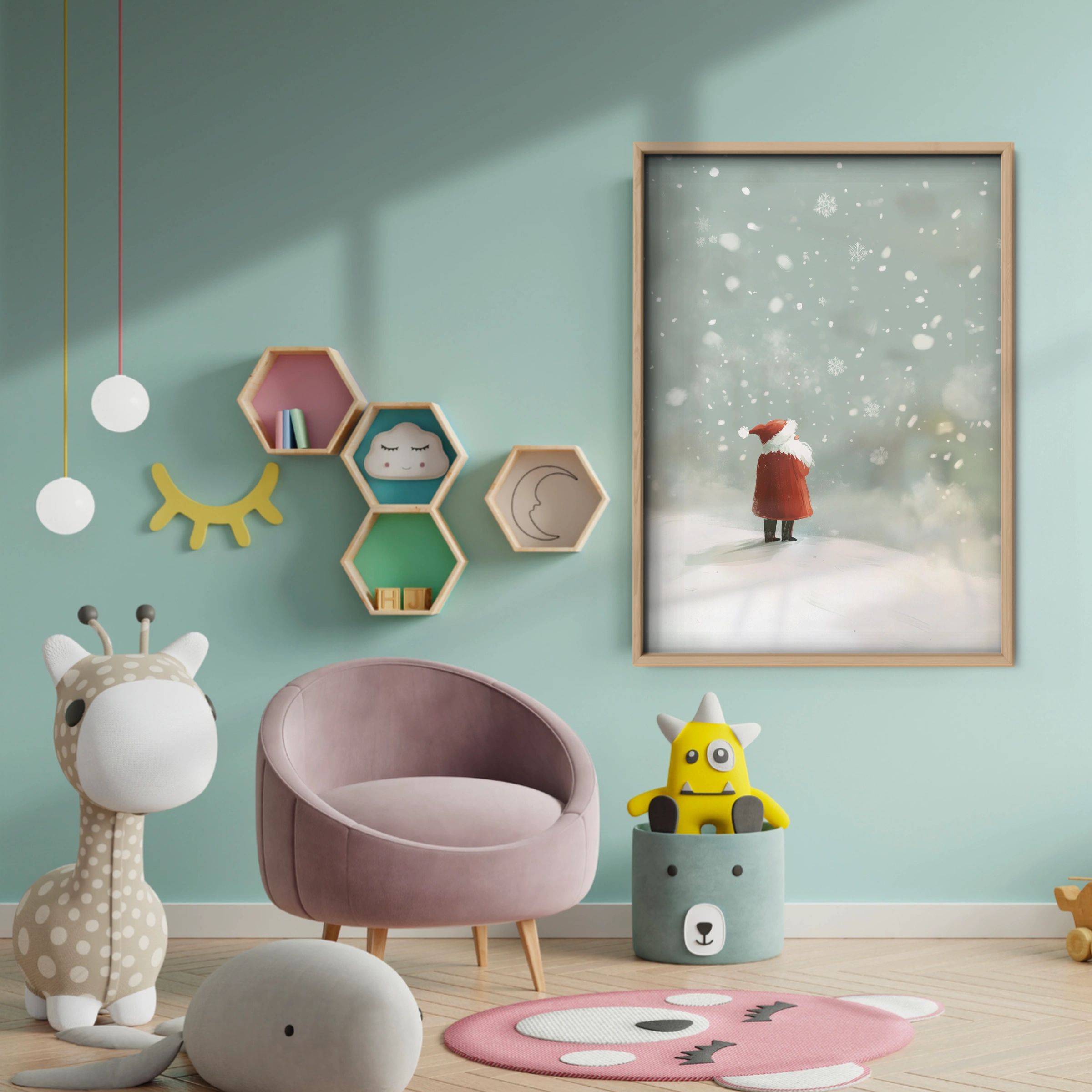 Santa in the Snow Christmas Print - baby room wall decor print
