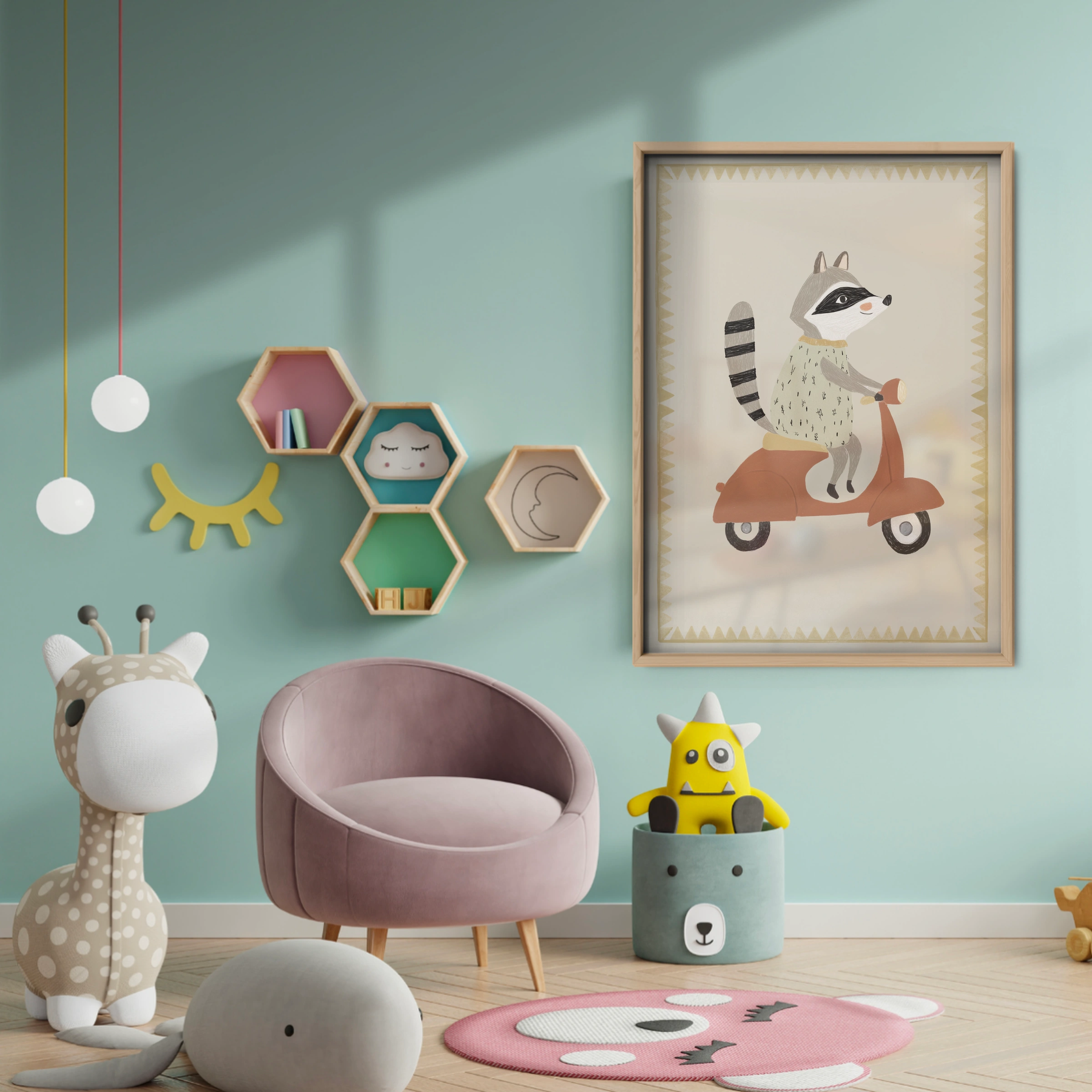 Scooter Raccoon Nursery Print - baby room wall decor print