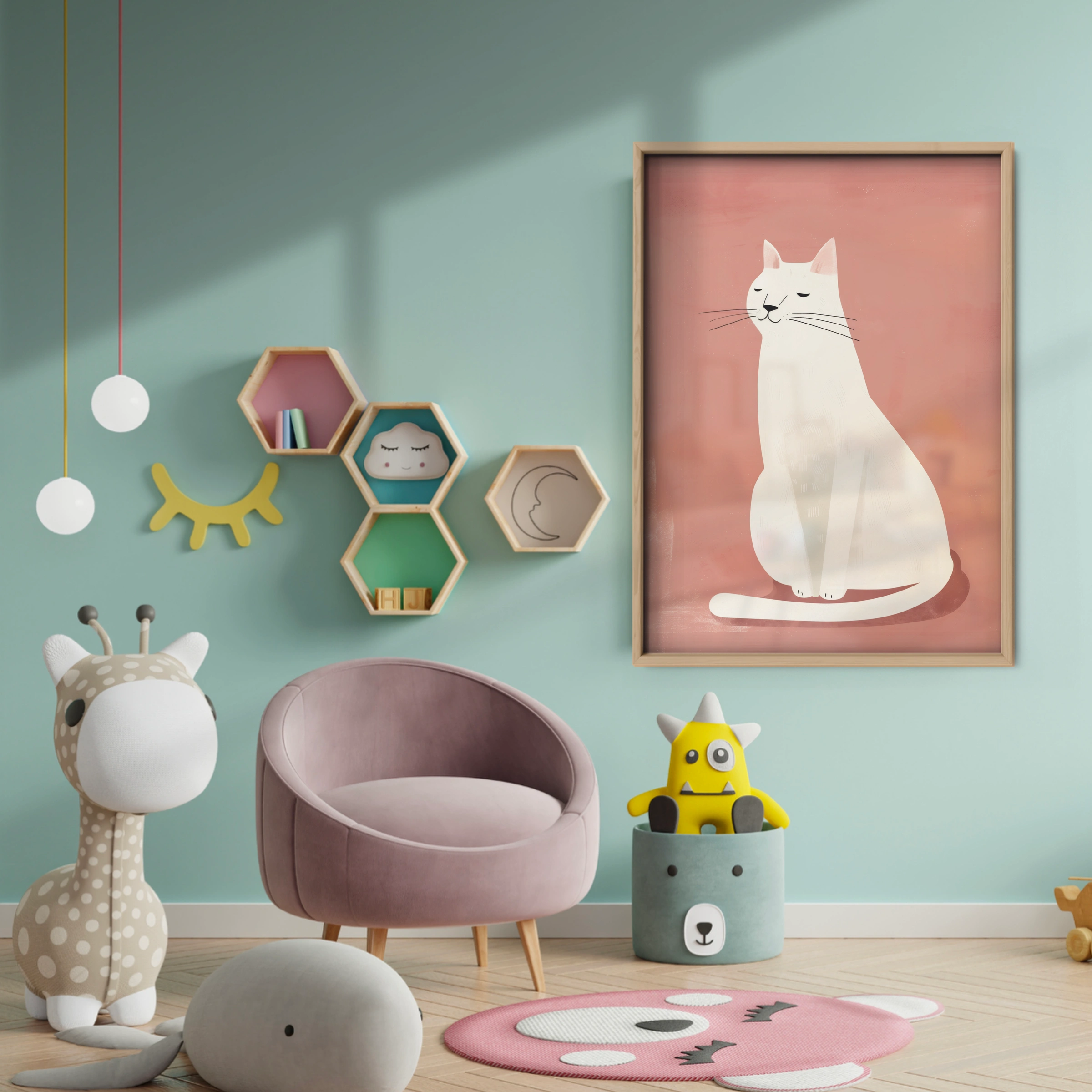 Serene White Cat Nursery Print - baby room wall decor print