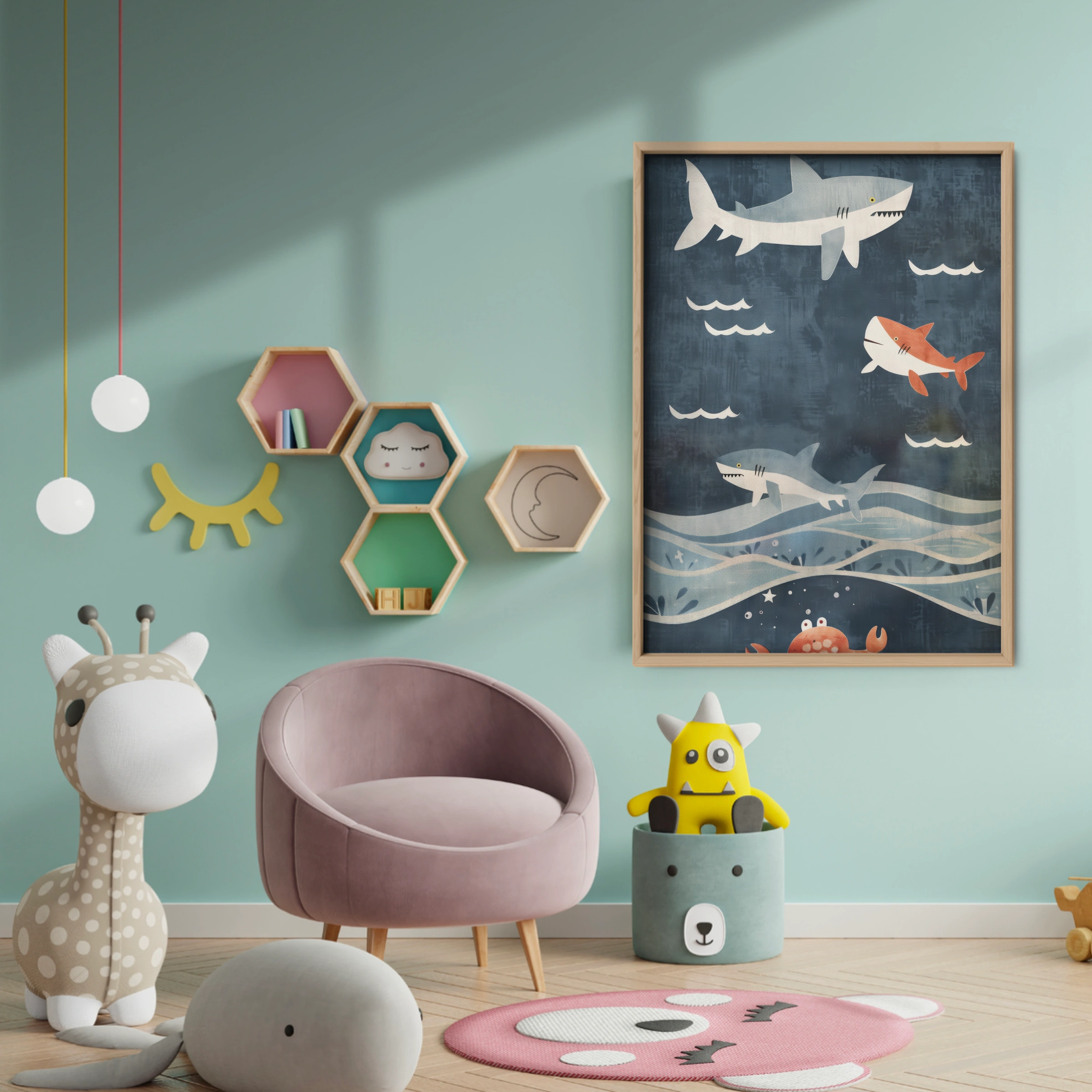 Sharks in the Ocean Nursery Print - baby room wall decor print
