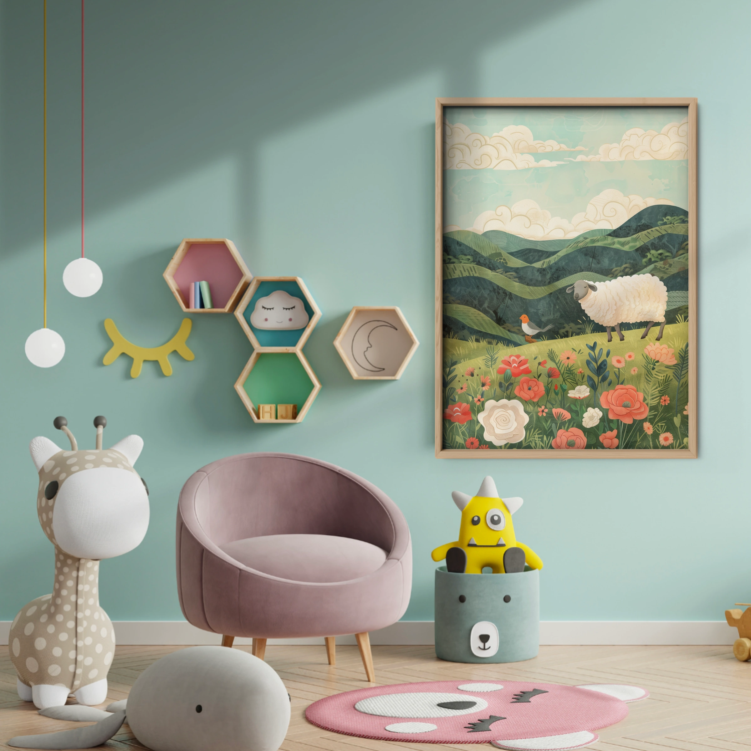 Sheep in the Meadow Nursery Print - baby room wall decor print