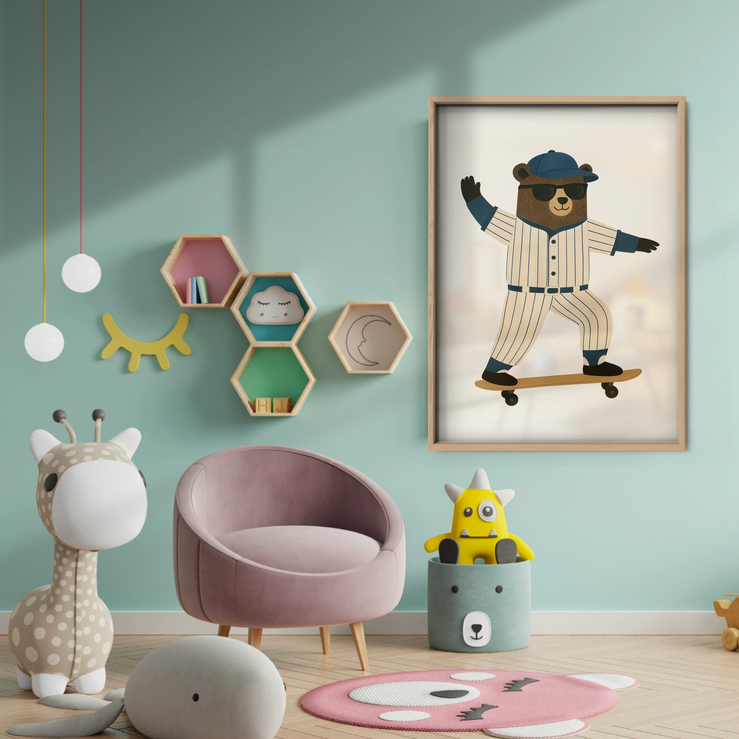 Skateboard Baseball Bear Nursery Print - baby room wall decor print