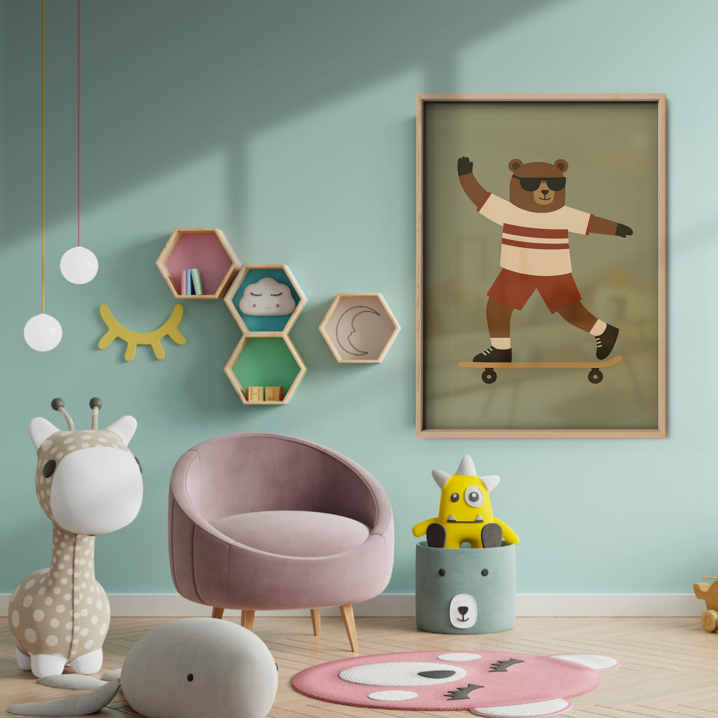 Skateboard Bear Nursery Print - baby room wall decor print