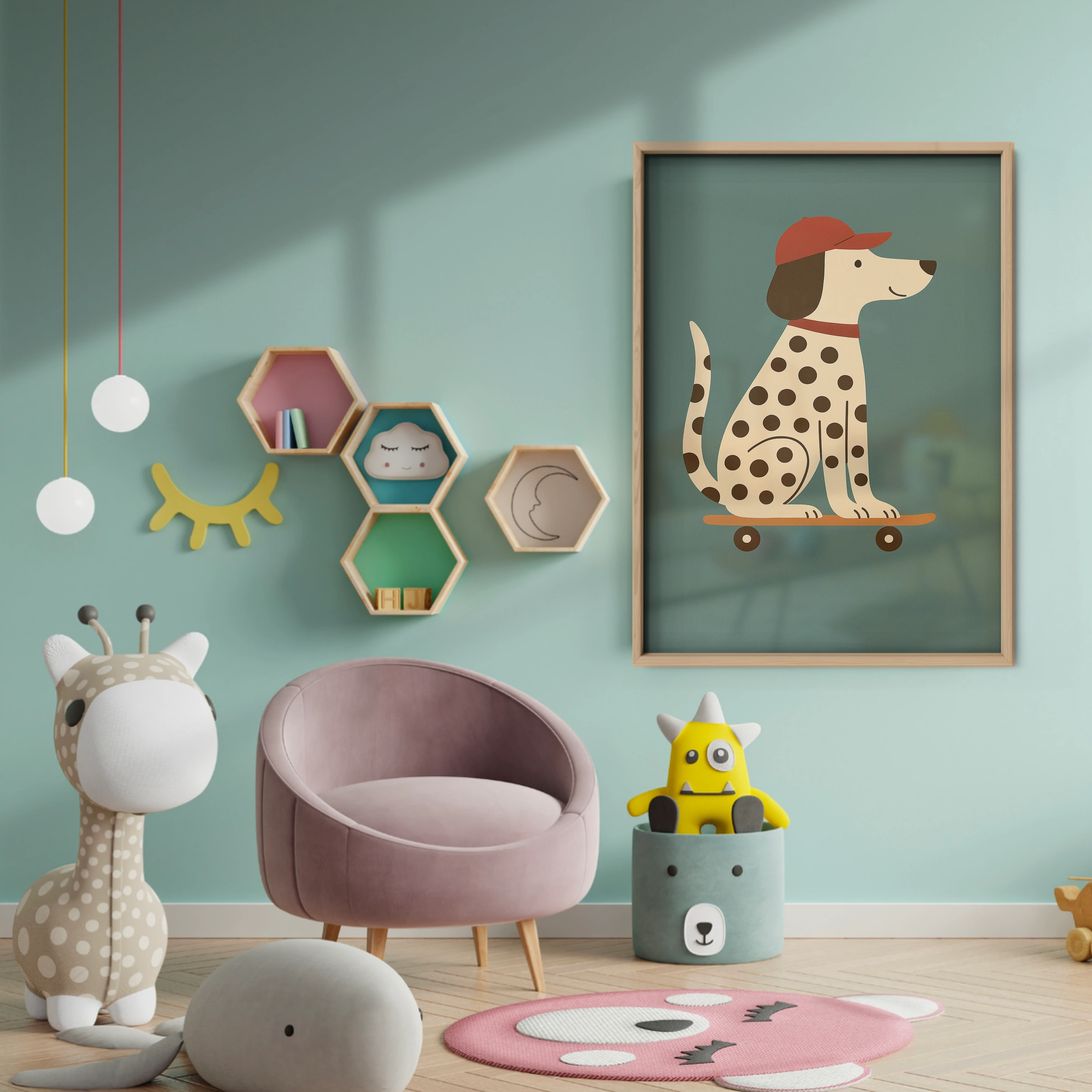 Skateboard Dalmatian Nursery Print - baby room wall decor print