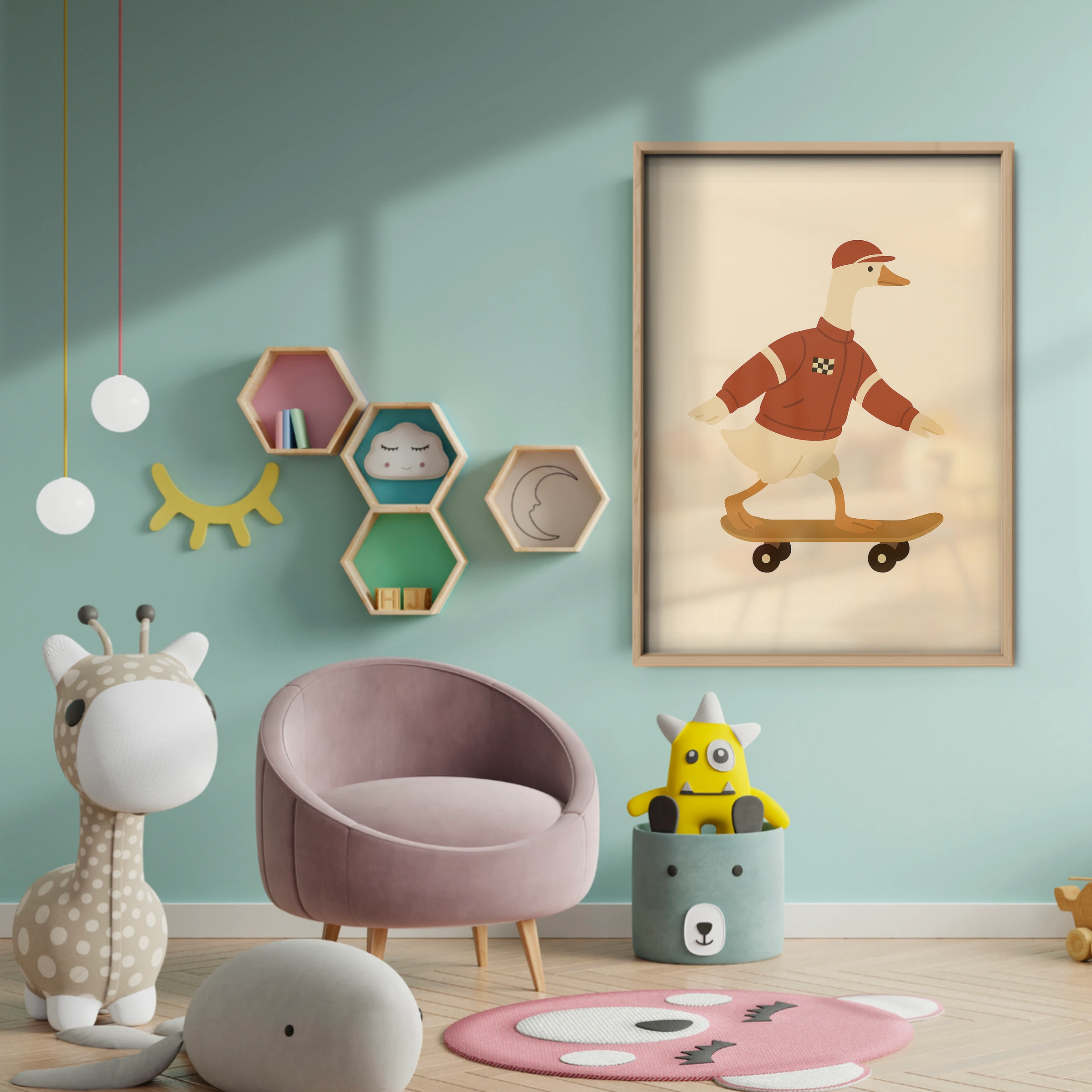 Skateboarding Goose Nursery Print - baby room wall decor print