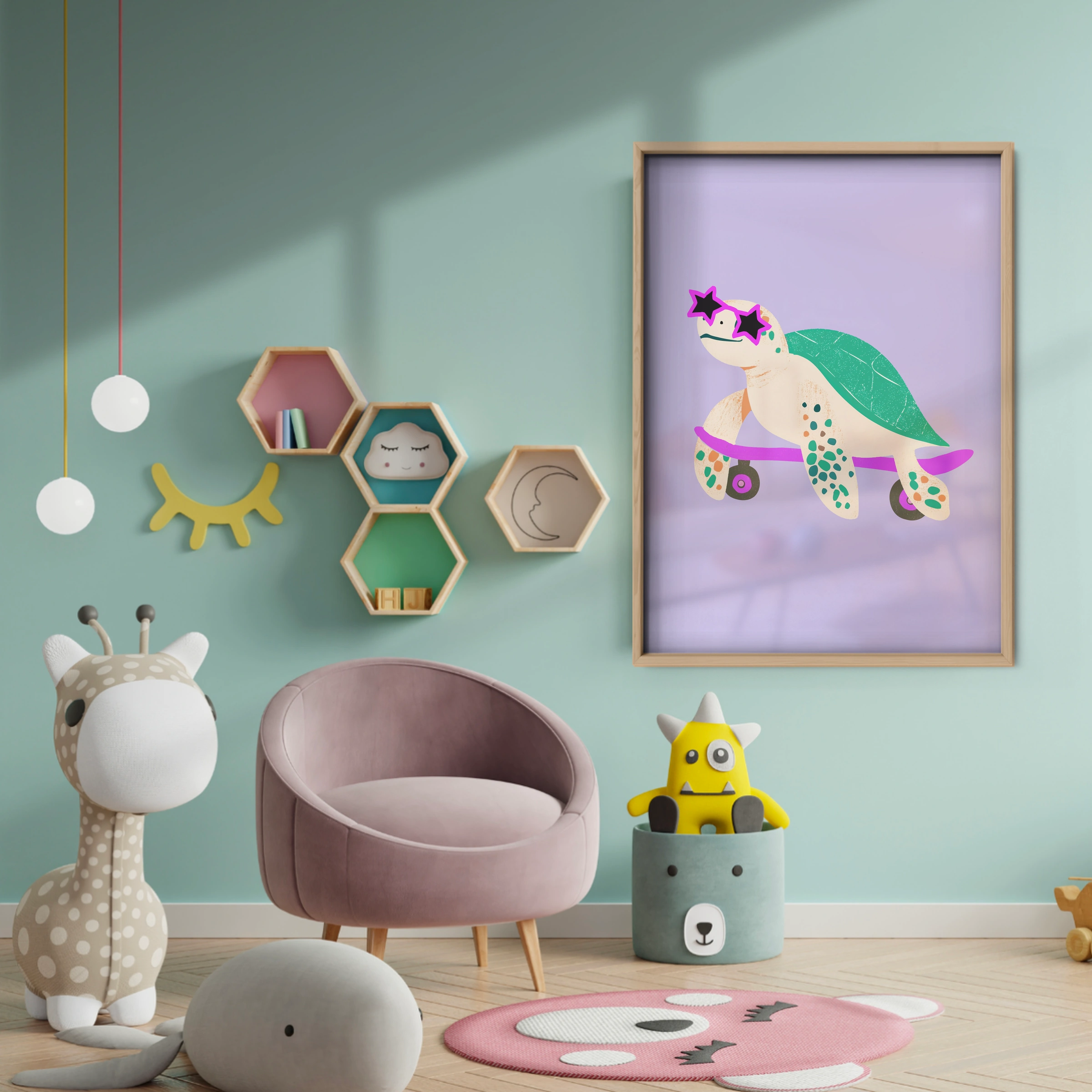 Skateboarding Turtle Nursery Print - baby room wall decor print