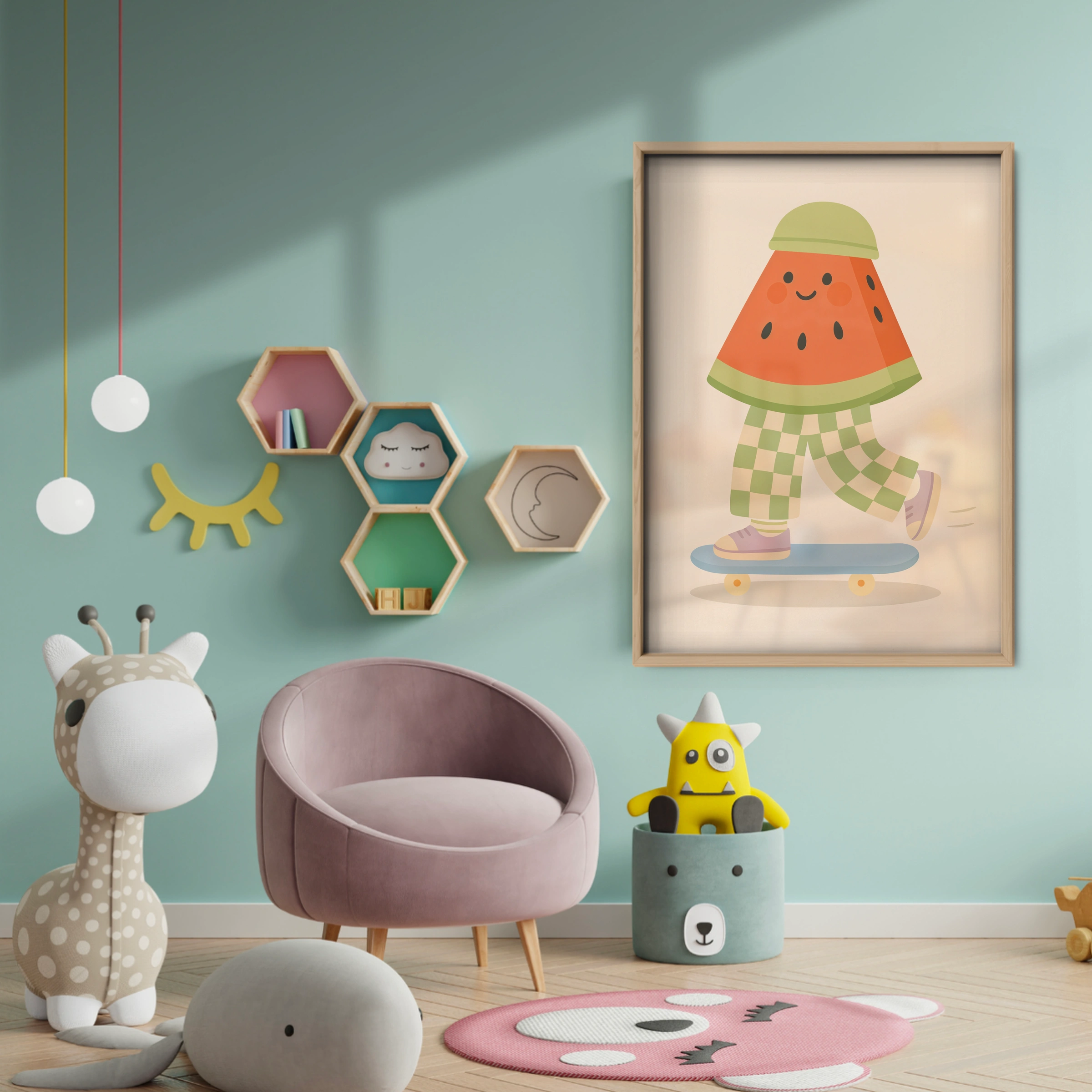 Skateboarding Watermelon Nursery Print - baby room wall decor print