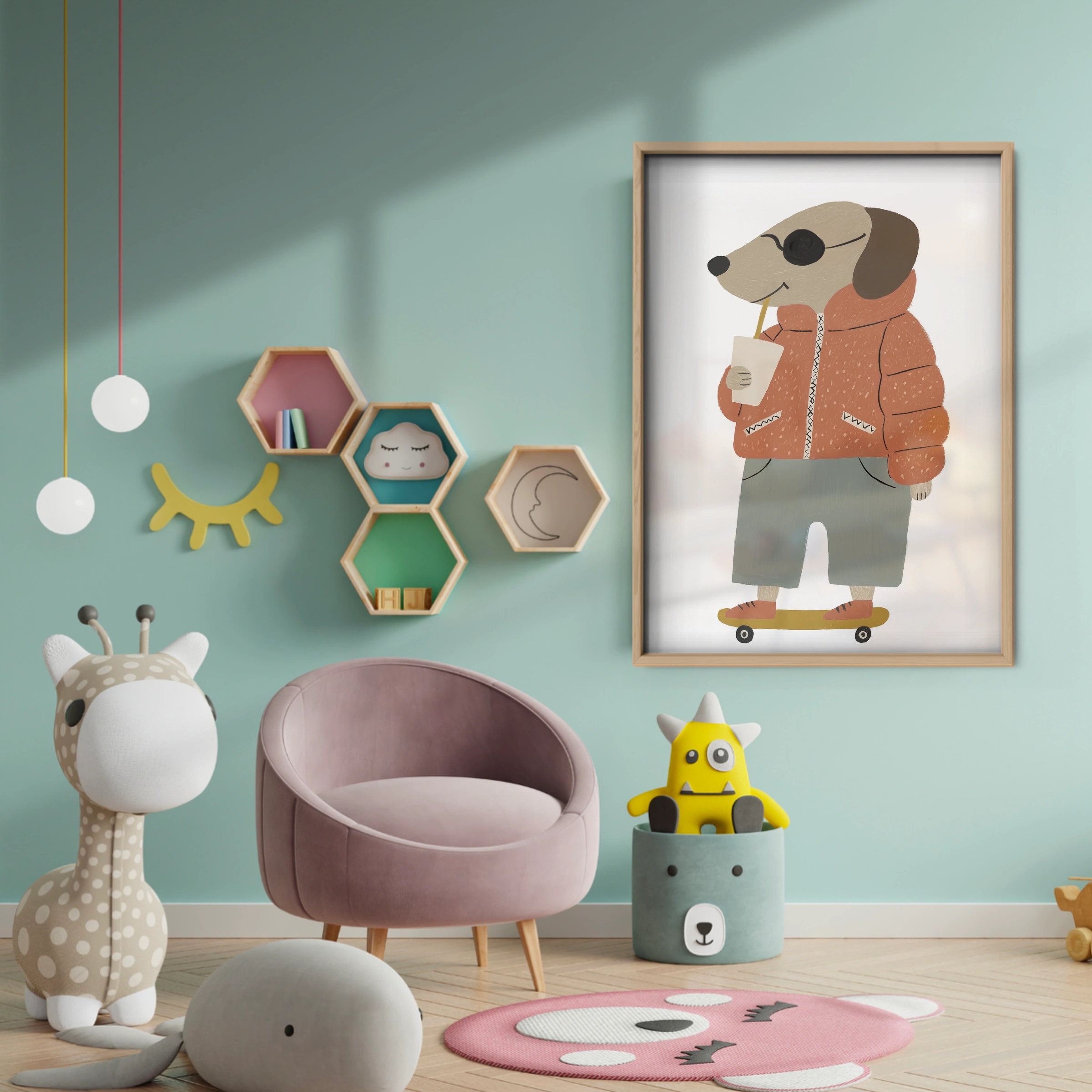 Skater Dog Nursery Print - baby room wall decor print