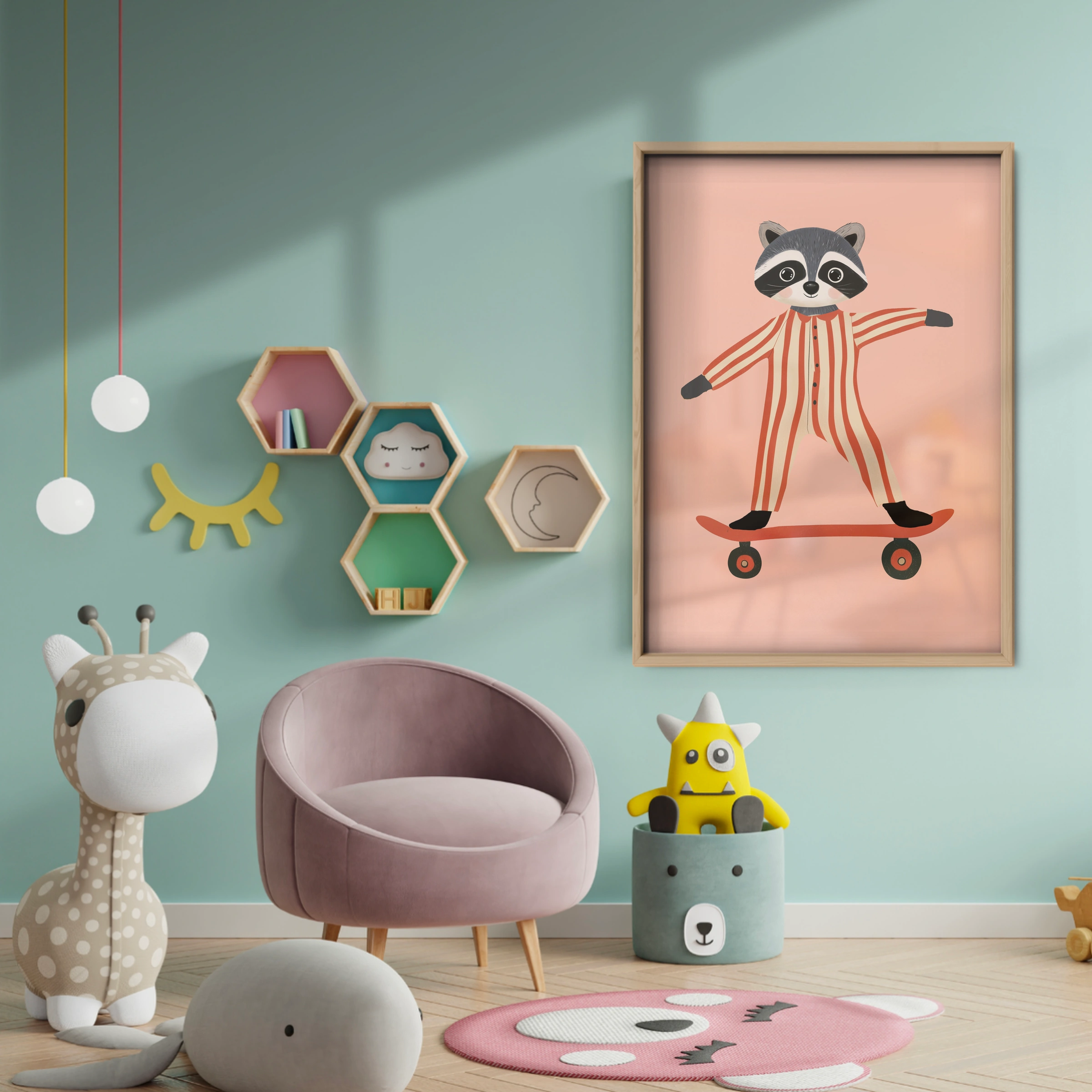 Skater Raccoon Nursery Print - baby room wall decor print