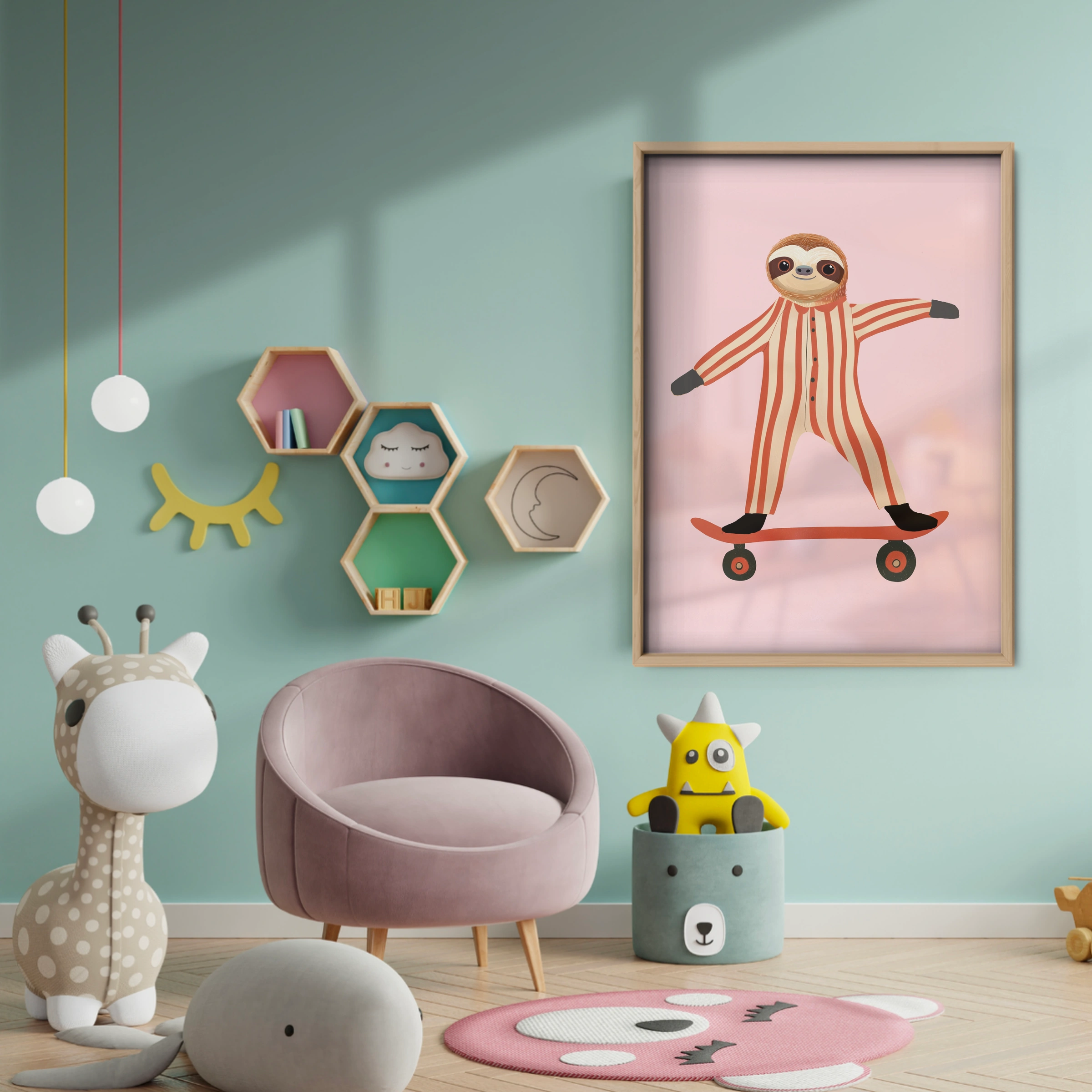 Skater Sloth Nursery Print - baby room wall decor print