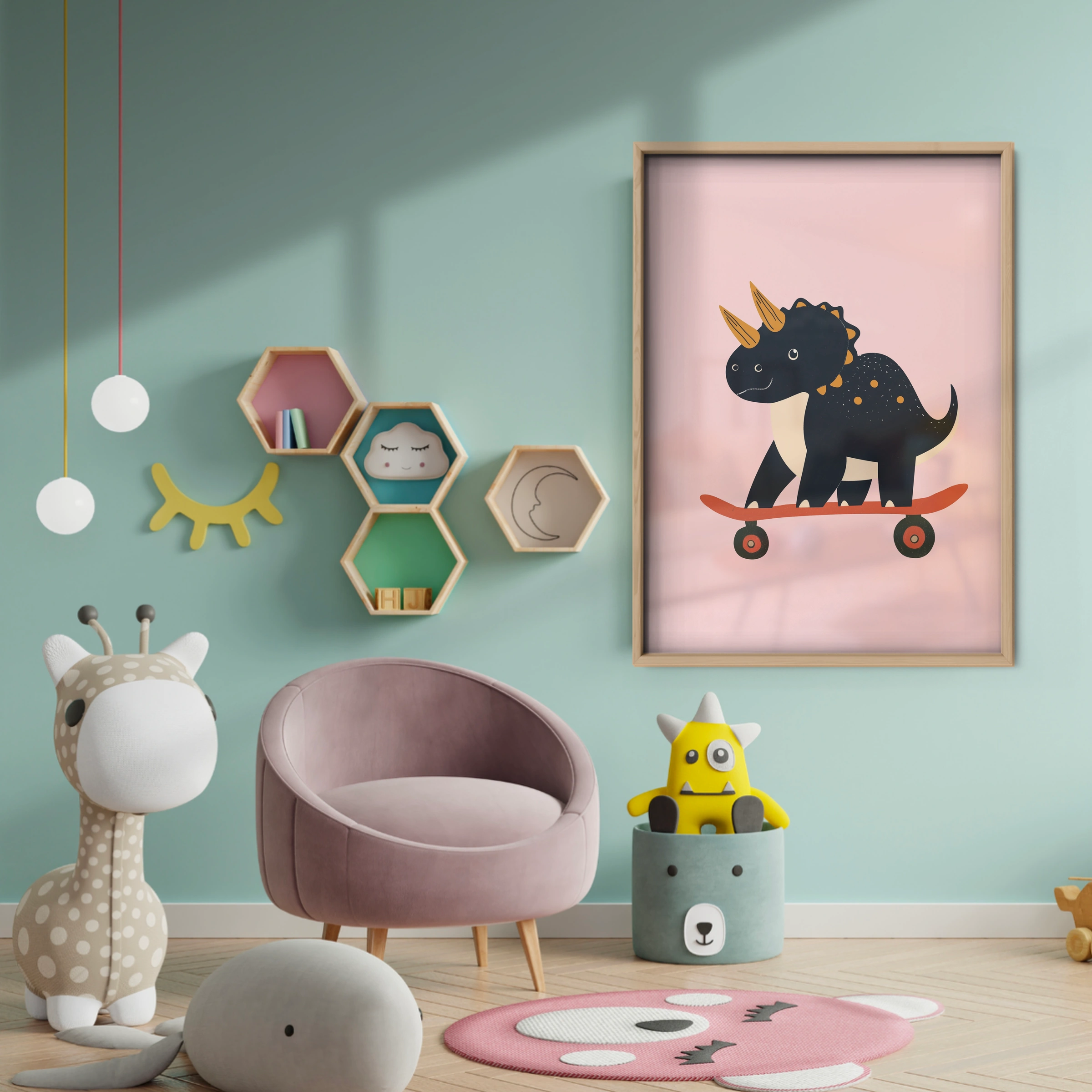 Skater Triceratops Nursery Print - baby room wall decor print