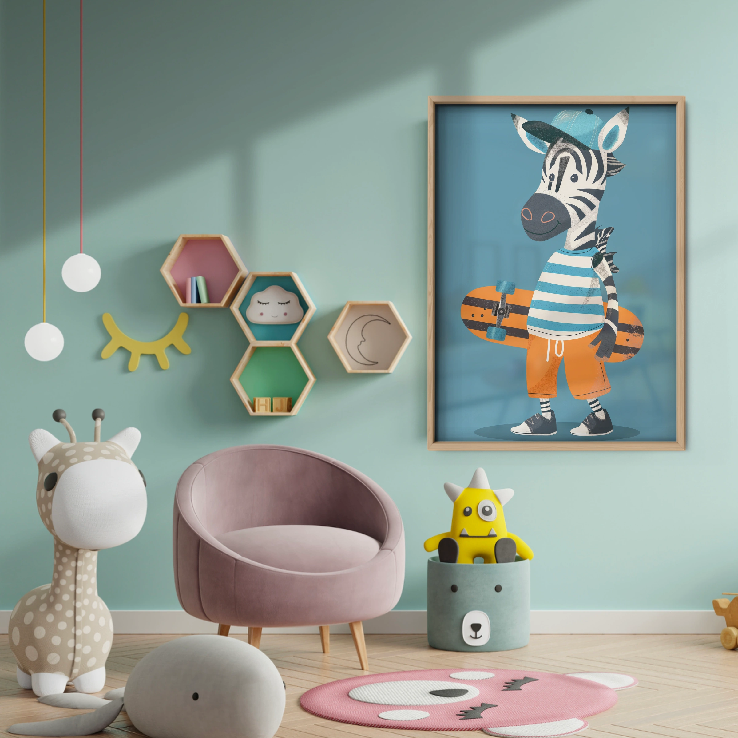 Skater Zebra Nursery Print - baby room wall decor print