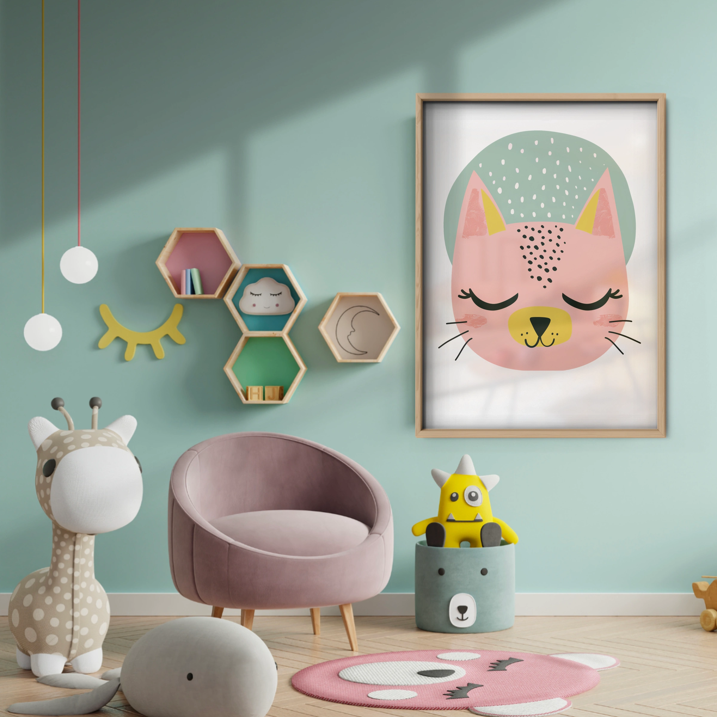 Sleepy Cat Face Nursery Print - baby room wall decor print