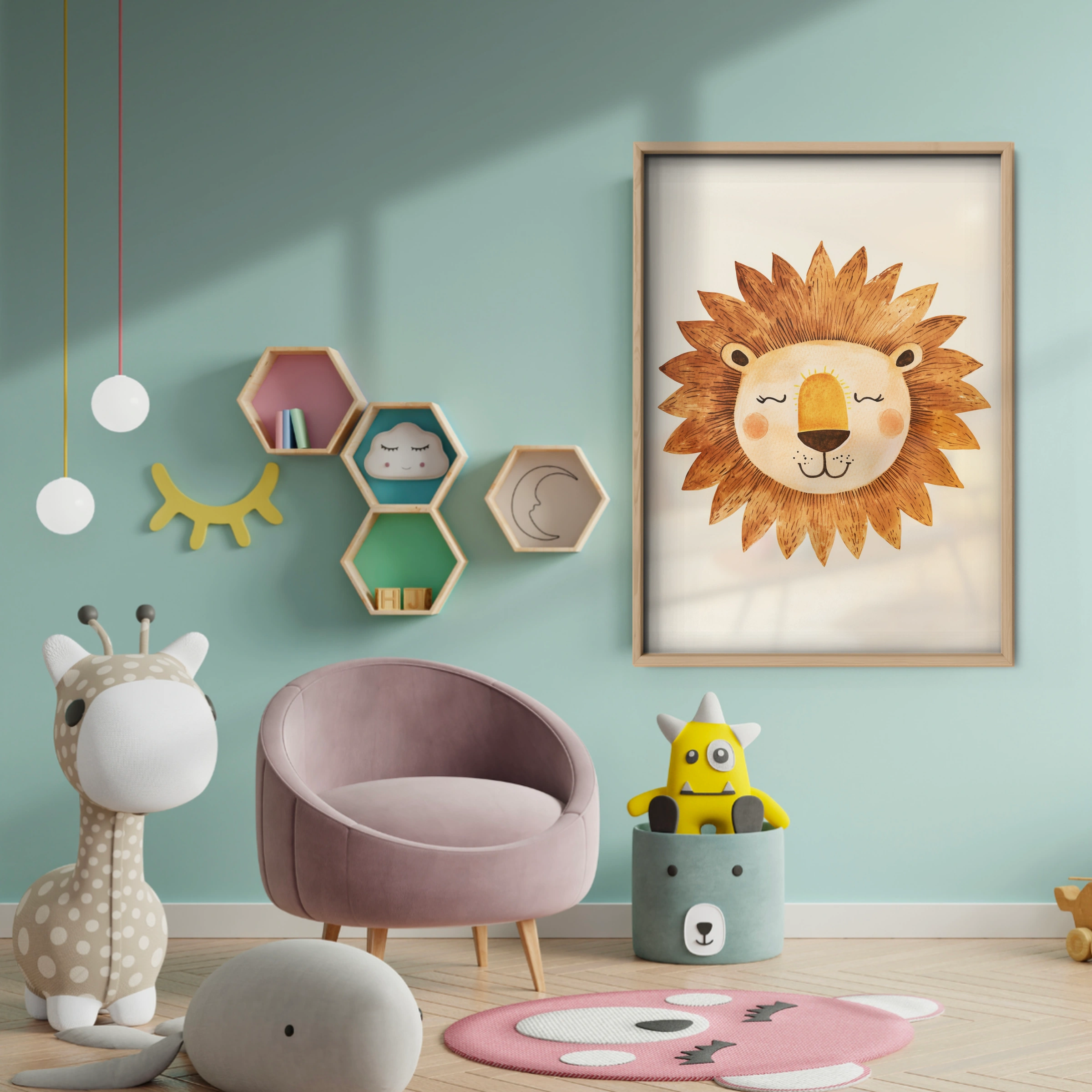Sleepy Lion Face Nursery Print - baby room wall decor print