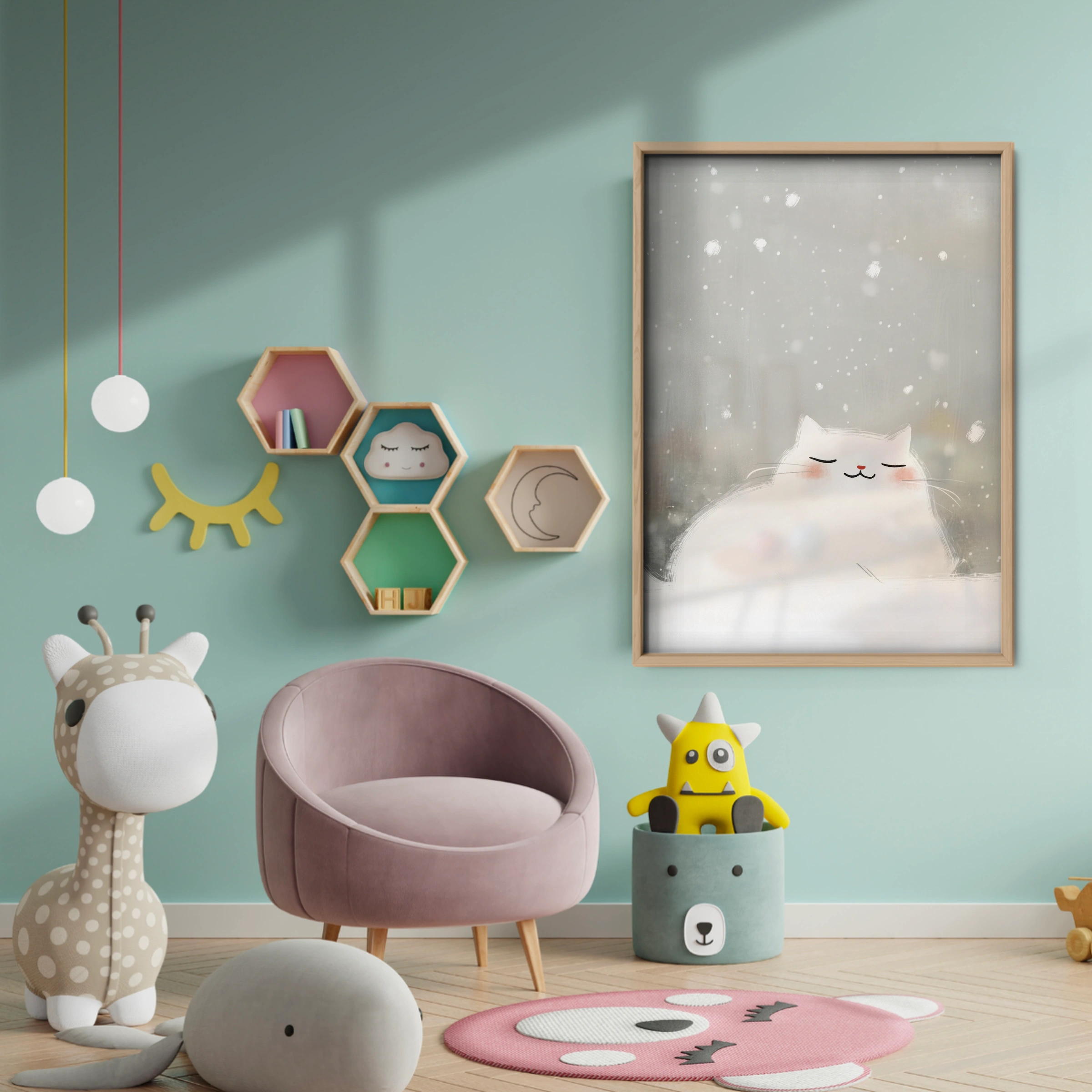 Sleepy White Cat Christmas Print - baby room wall decor print